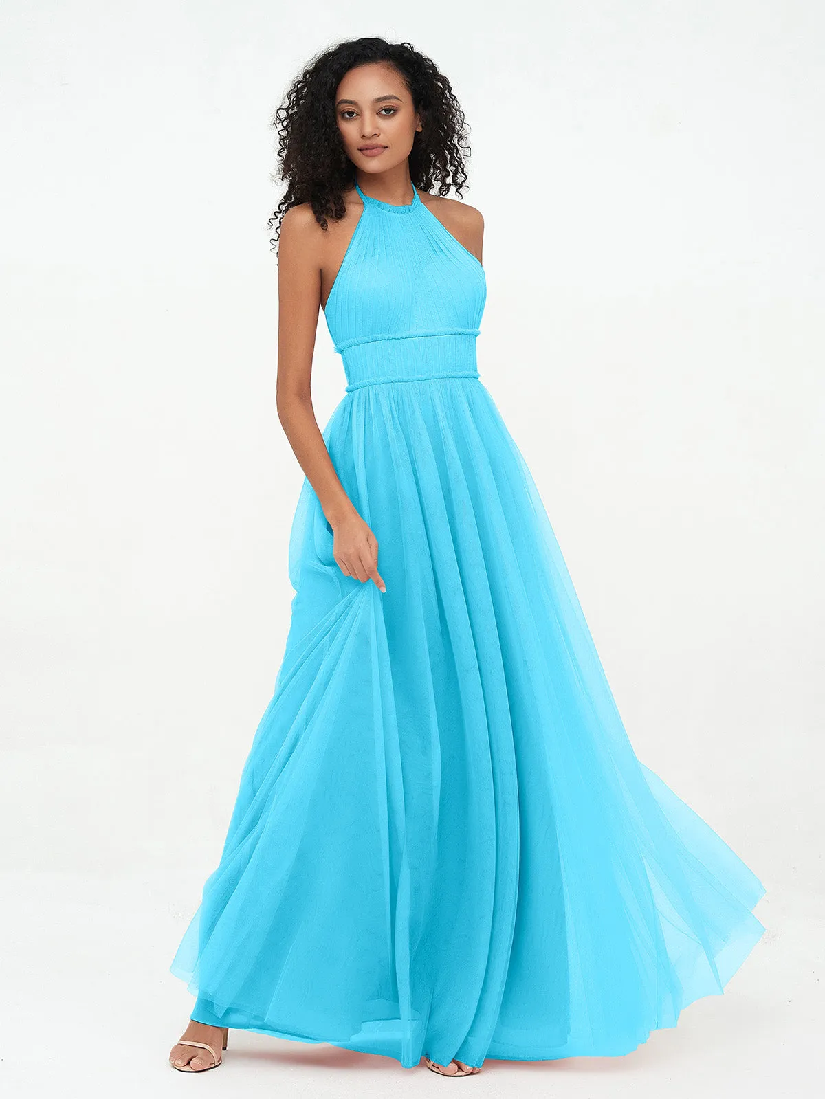 Illusion Halter Tulle Maxi Boho Dresses-Pool Plus Size