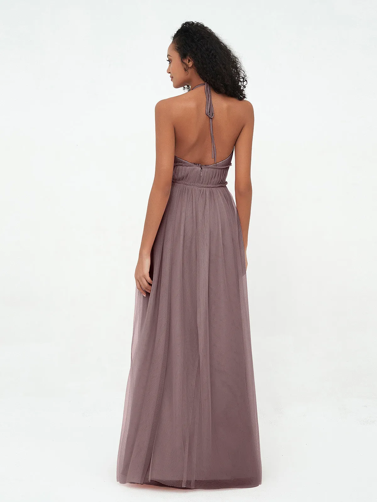 Illusion Halter Tulle Maxi Boho Dresses-Vintage Mauve