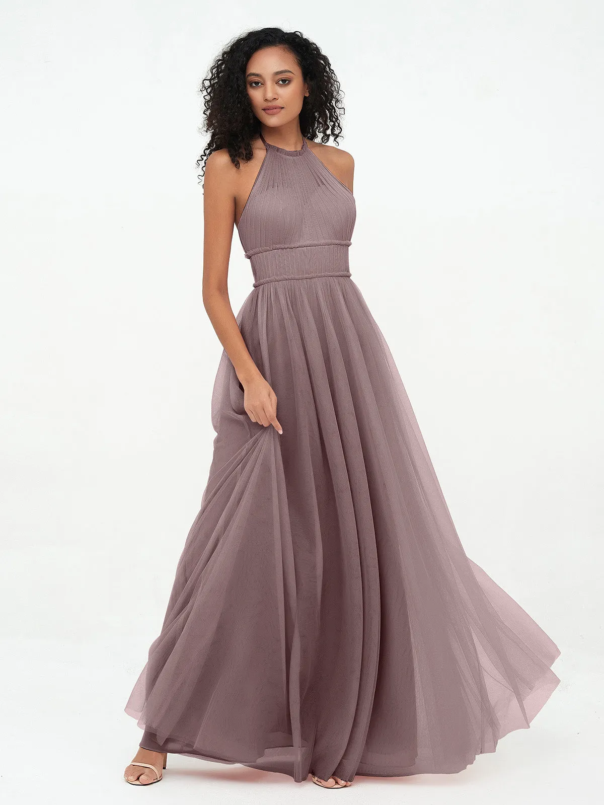 Illusion Halter Tulle Maxi Boho Dresses-Vintage Mauve