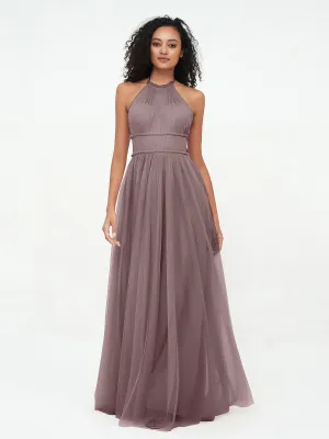 Illusion Halter Tulle Maxi Boho Dresses-Vintage Mauve