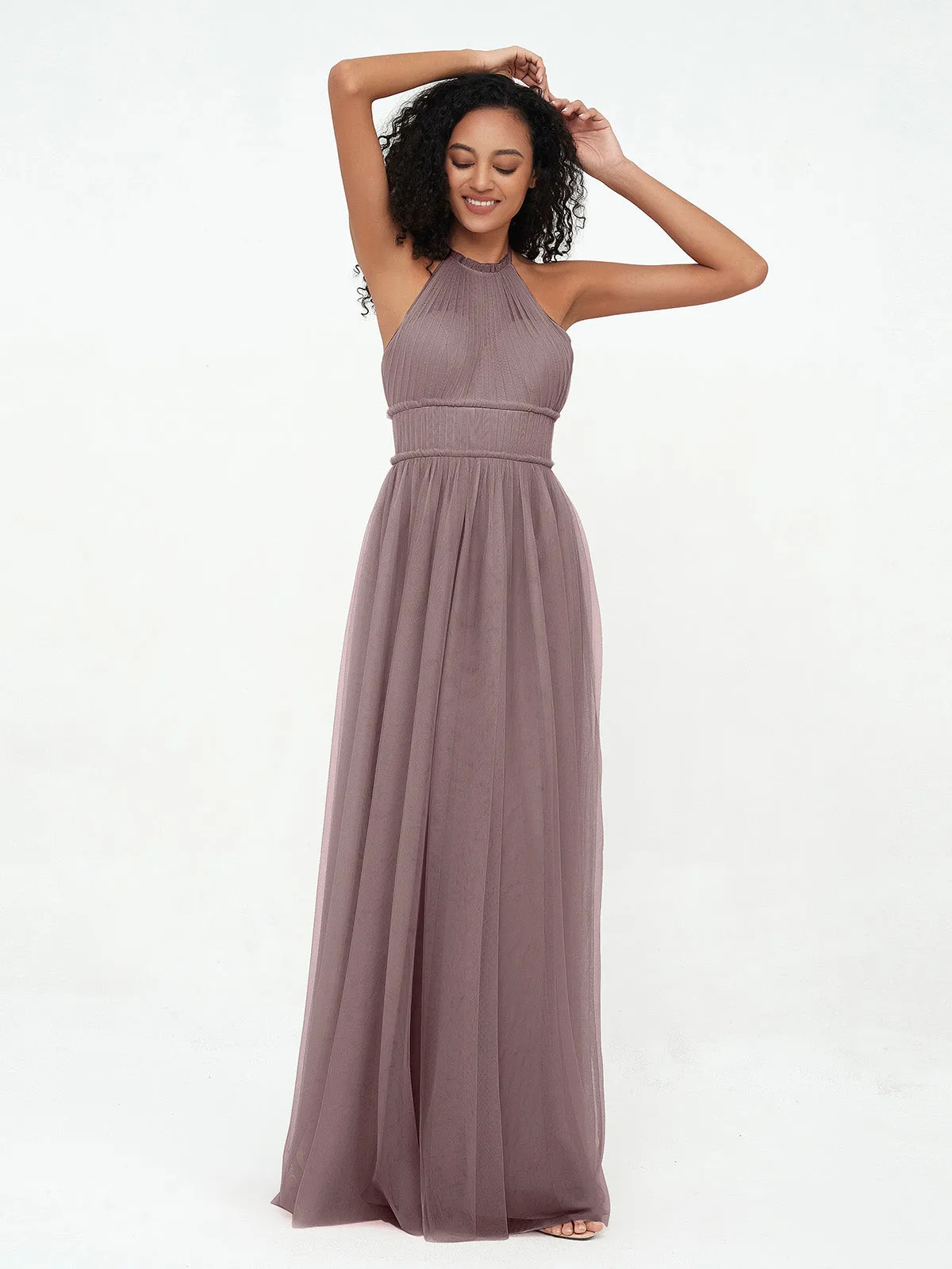 Illusion Halter Tulle Maxi Boho Dresses-Vintage Mauve