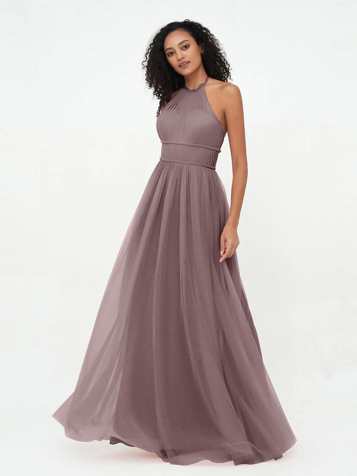 Illusion Halter Tulle Maxi Boho Dresses-Vintage Mauve