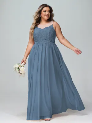 Illusion Neckline Lace and Tulle Maxi Dress-Slate Blue Plus Size