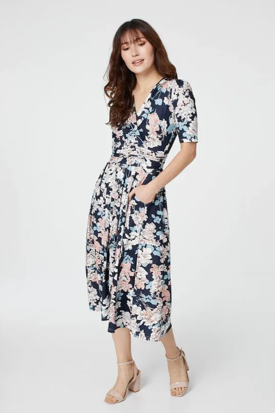 Kathleen Navy Wrap Midi Dress