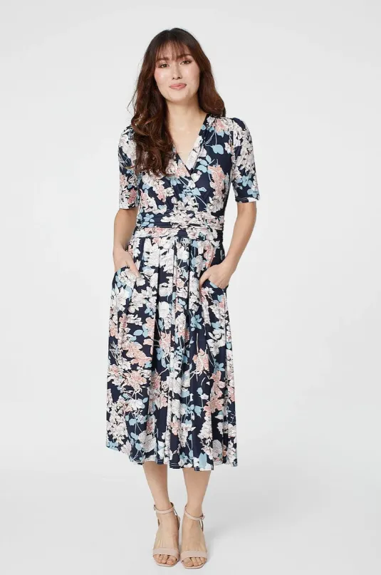 Kathleen Navy Wrap Midi Dress