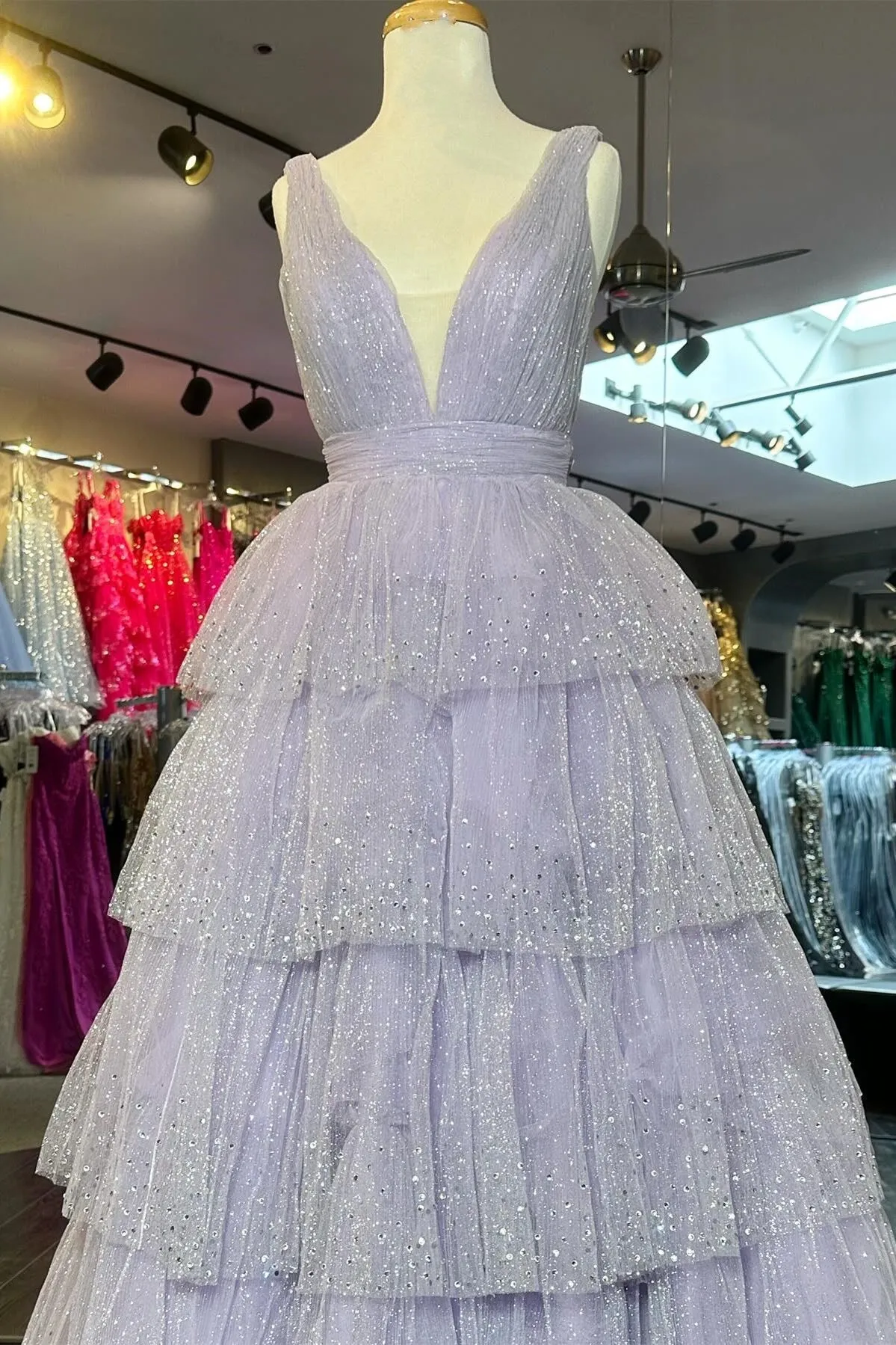 Khloe | Lavender Tulle Sequin V-Neck Ruffle Tiered Long Prom Dress