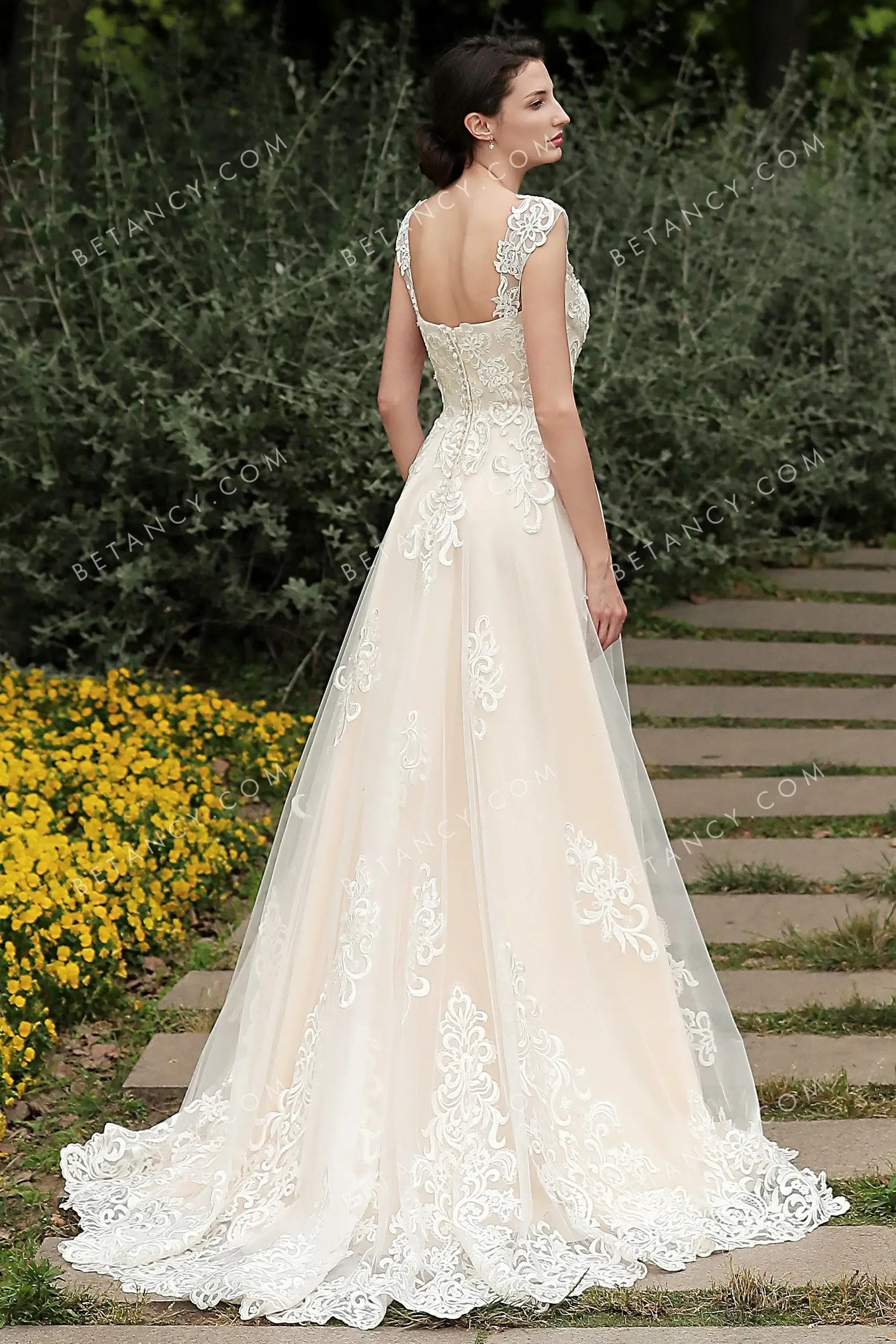 Lace Appliqued Champagne Sweetheart A-line Bridal Gown