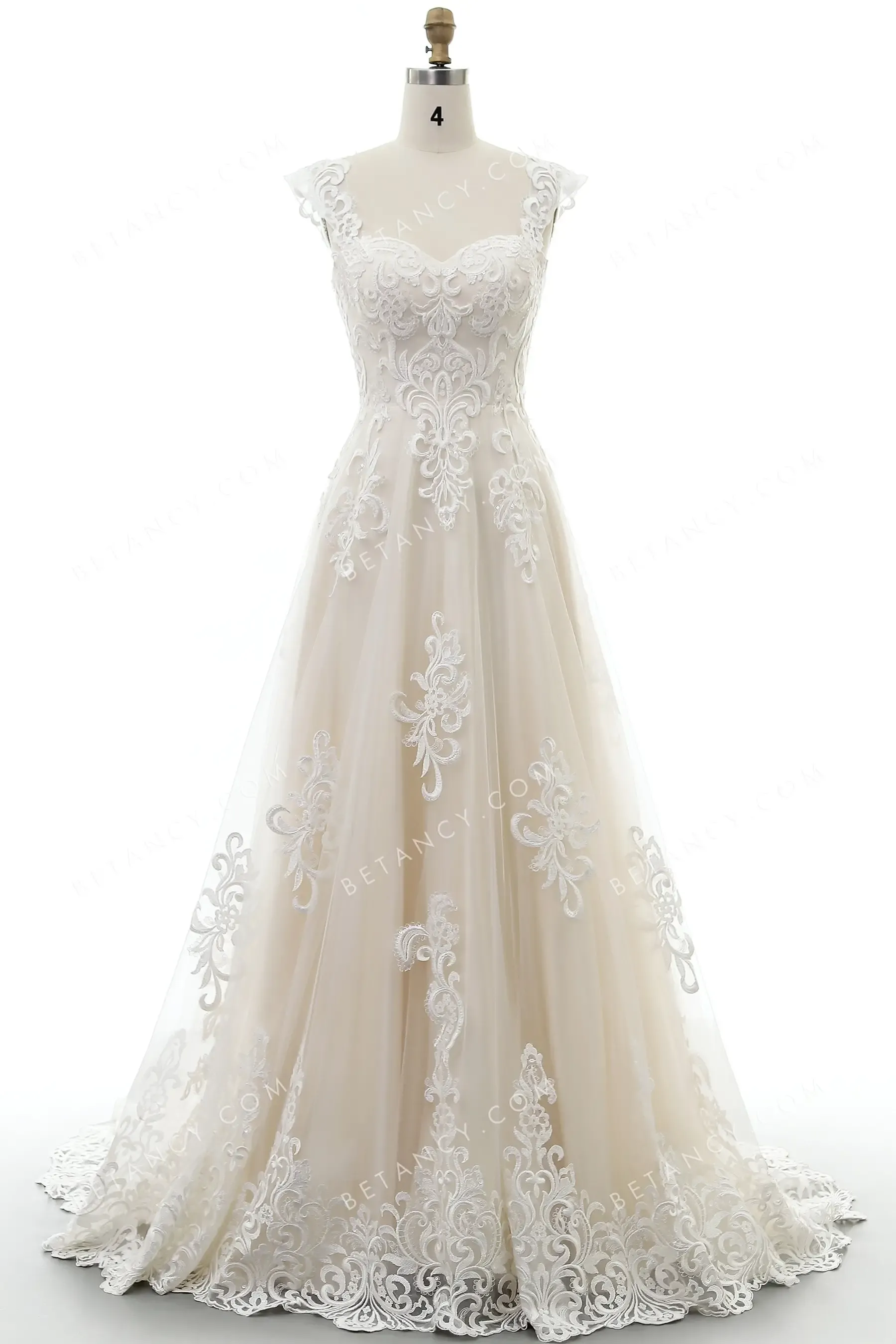 Lace Appliqued Champagne Sweetheart A-line Bridal Gown