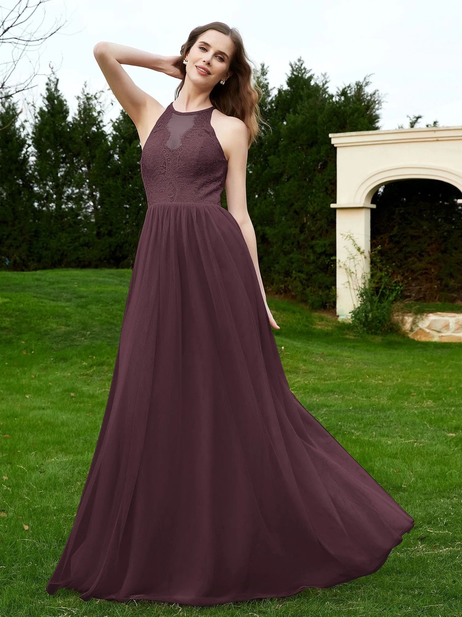 Lace Tulle Bridesmaid Gown Halter Neckline Cabernet