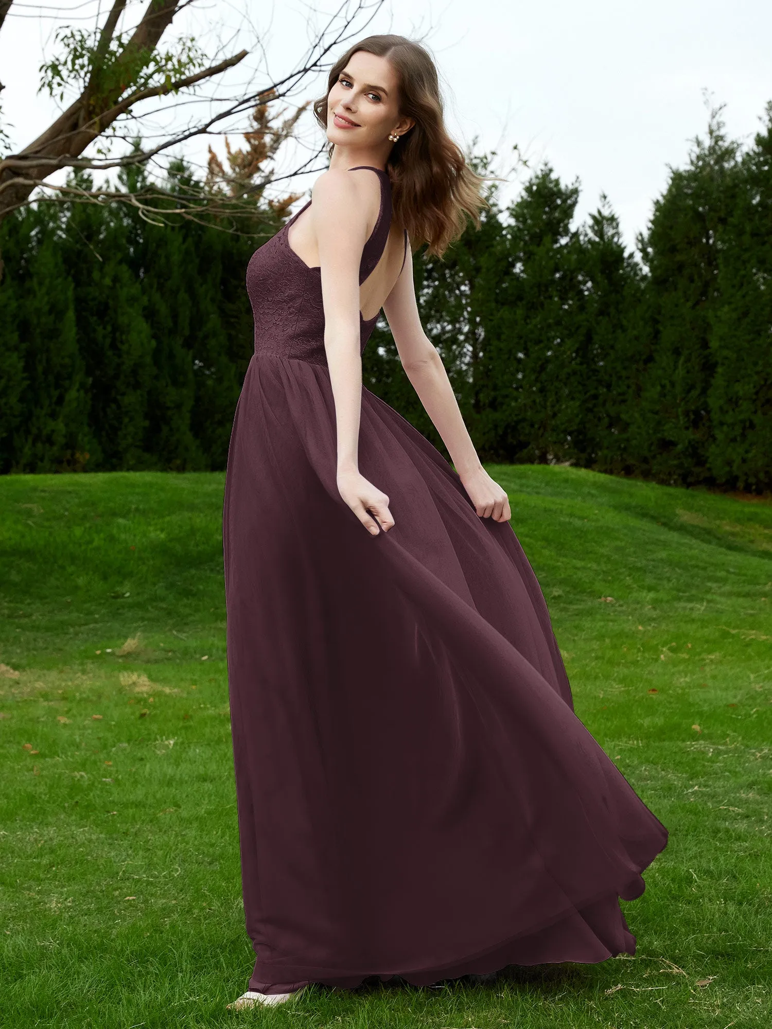 Lace Tulle Bridesmaid Gown Halter Neckline Cabernet