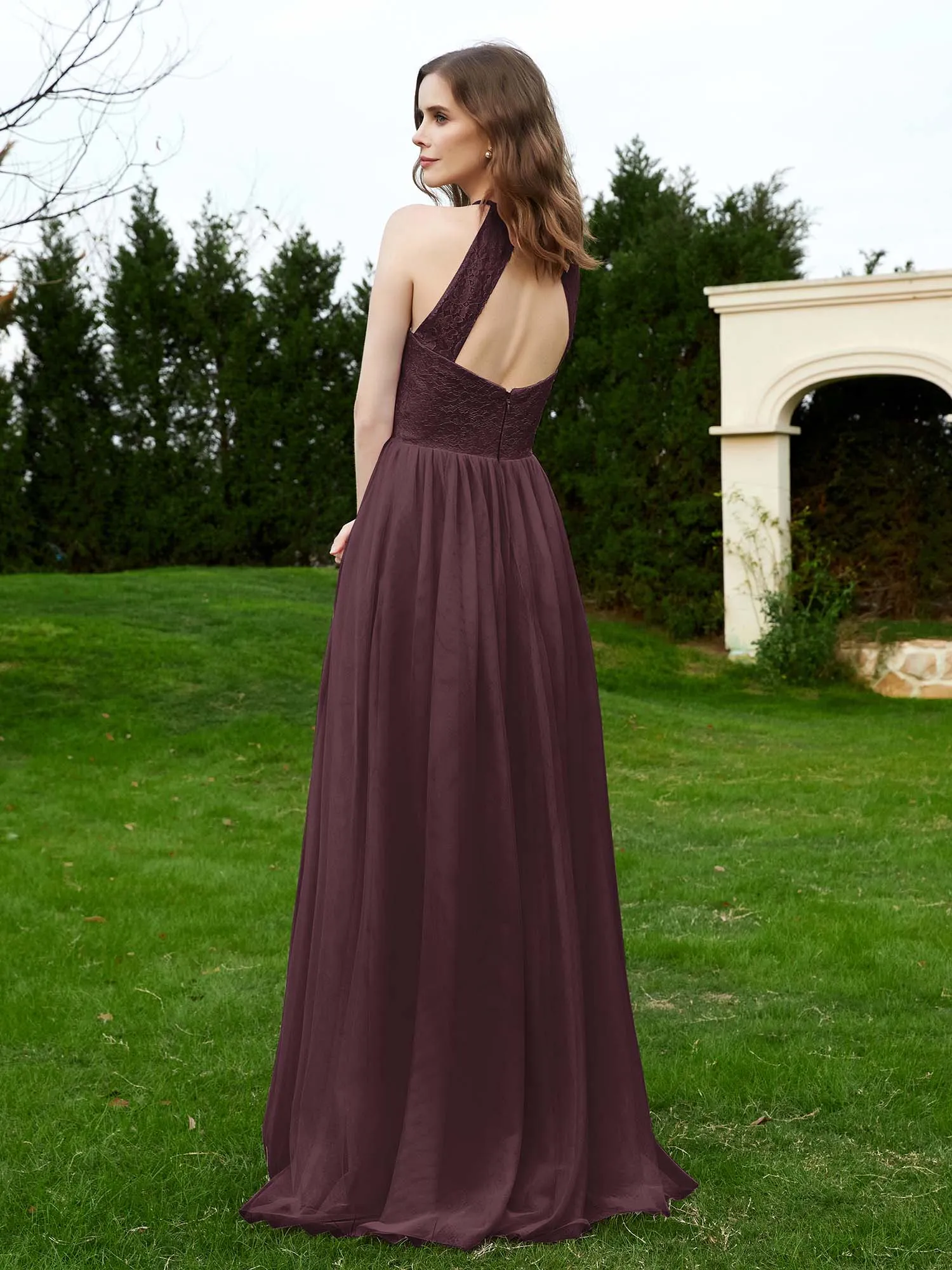 Lace Tulle Bridesmaid Gown Halter Neckline Cabernet