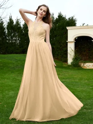 Lace Tulle Bridesmaid Gown Halter Neckline Champagne