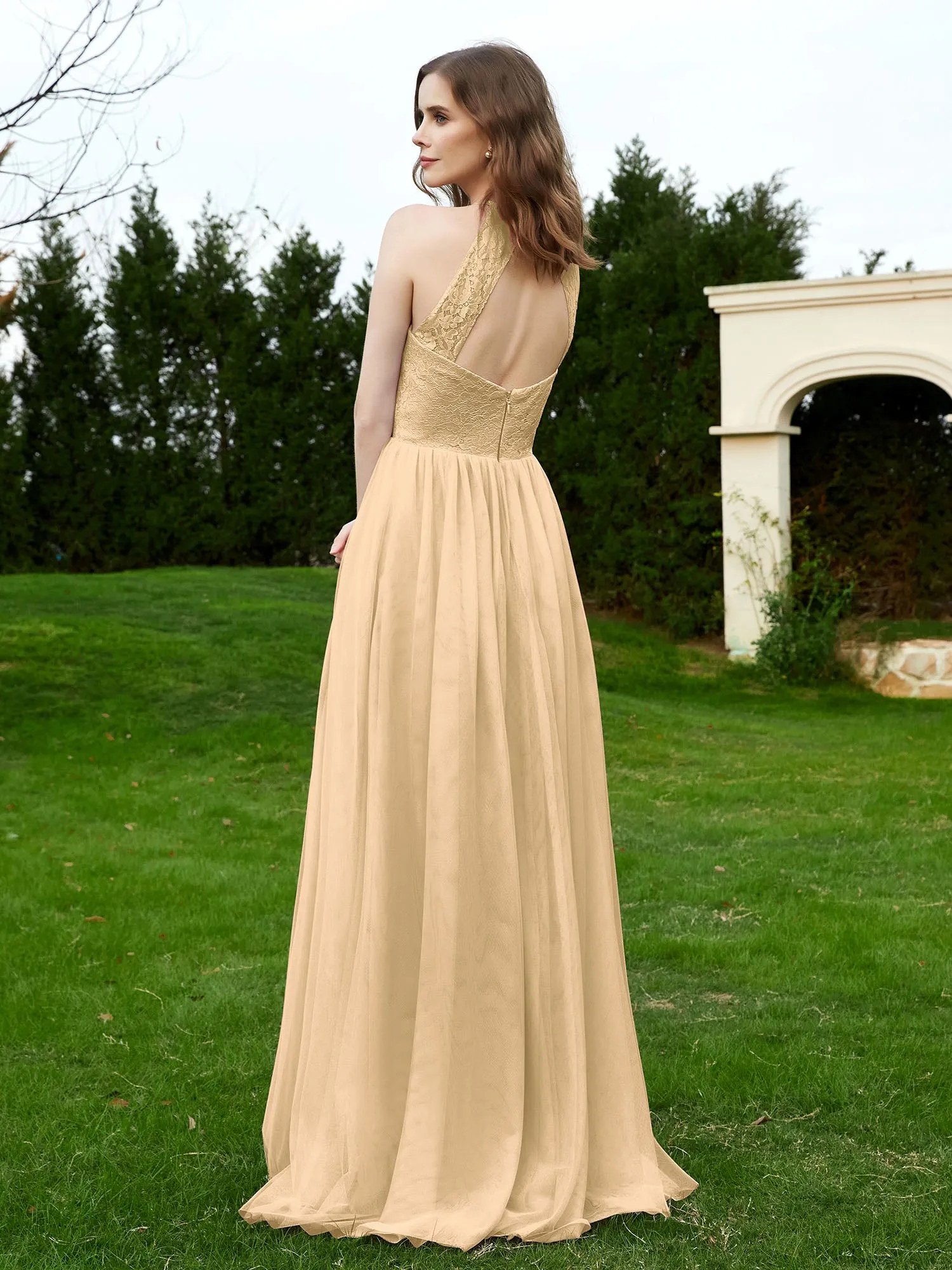 Lace Tulle Bridesmaid Gown Halter Neckline Champagne