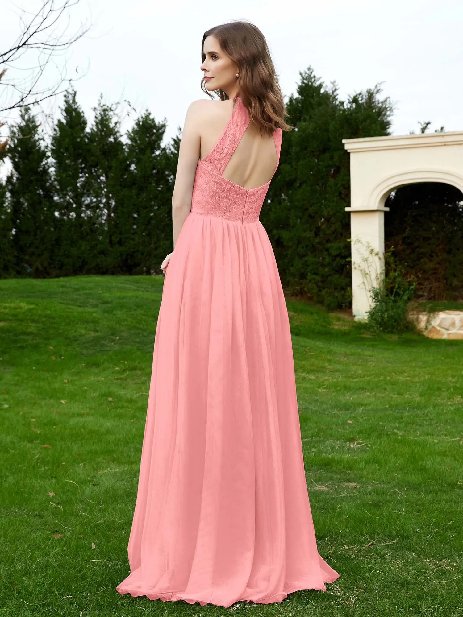 Lace Tulle Bridesmaid Gown Halter Neckline Flamingo Plus Size