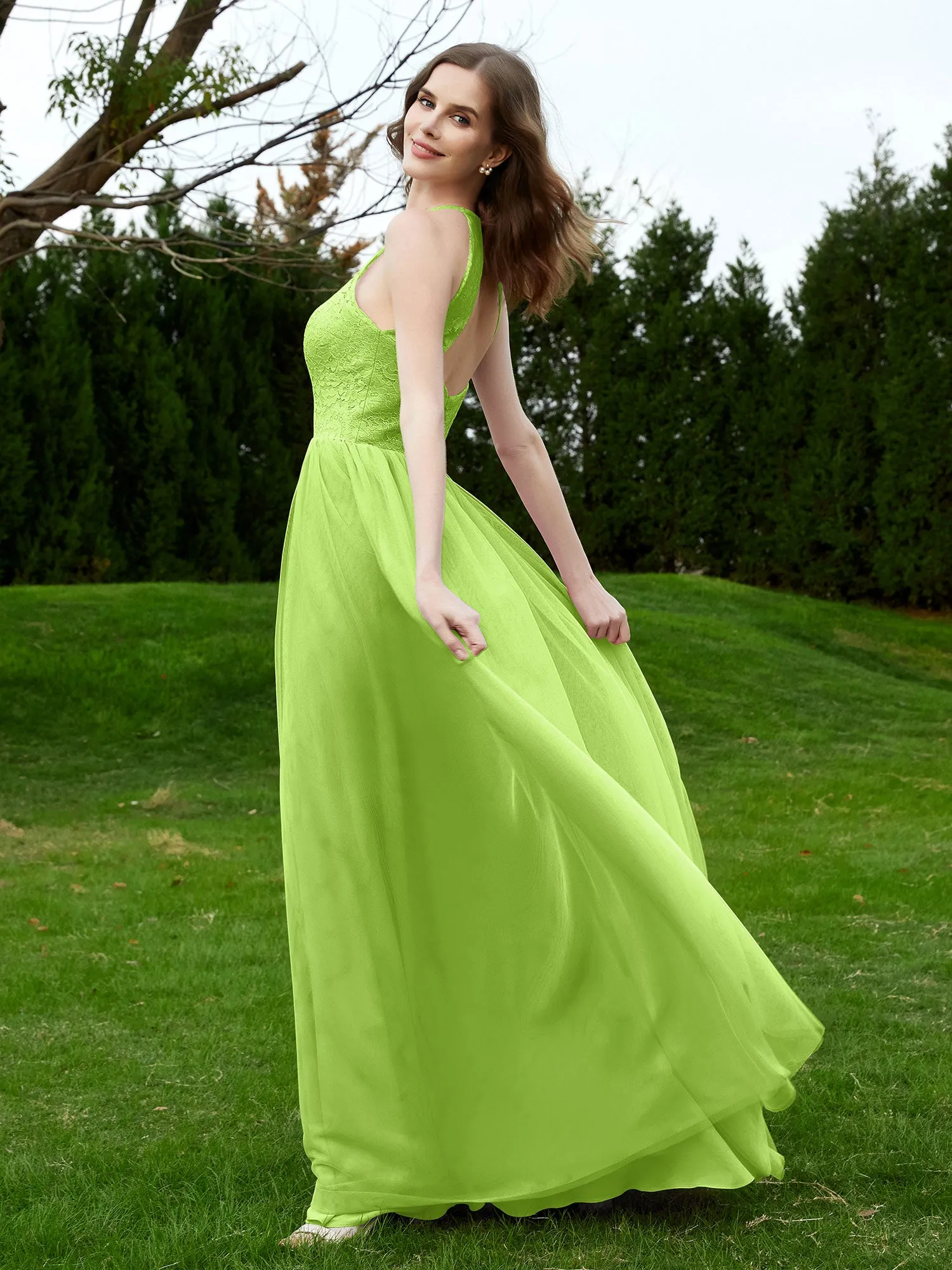 Lace Tulle Bridesmaid Gown Halter Neckline Lime Green Plus Size