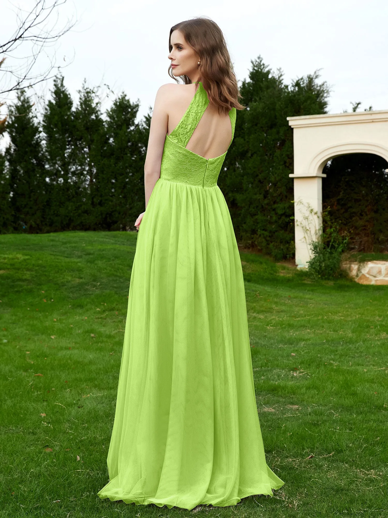 Lace Tulle Bridesmaid Gown Halter Neckline Lime Green Plus Size