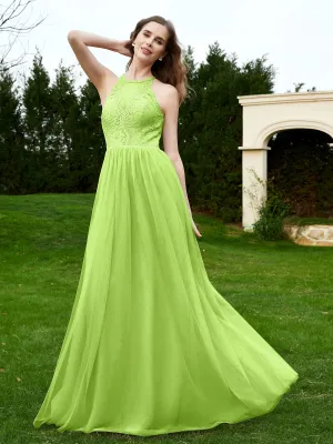 Lace Tulle Bridesmaid Gown Halter Neckline Lime Green Plus Size