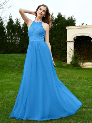 Lace Tulle Bridesmaid Gown Halter Neckline Ocean Blue Plus Size