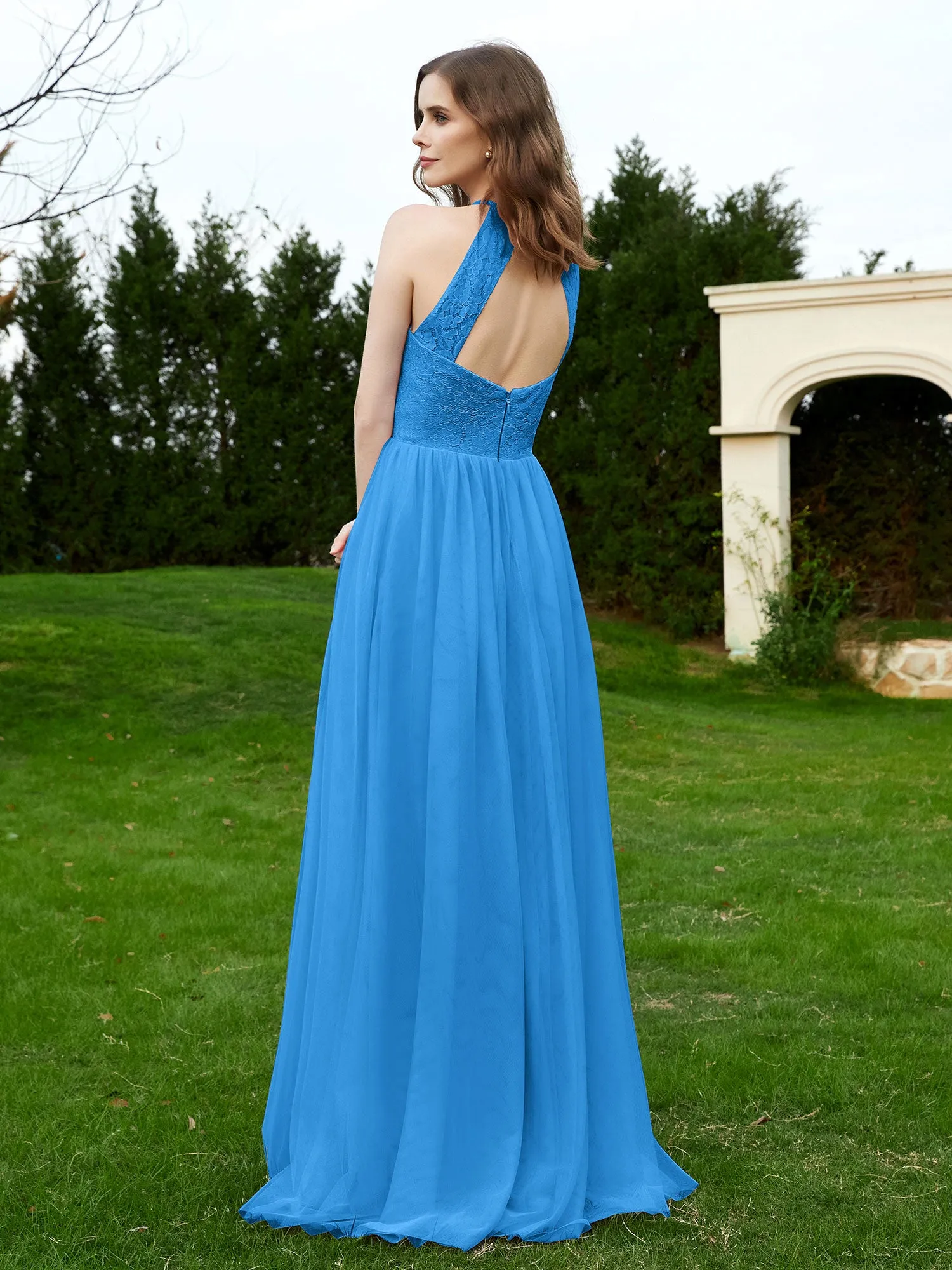 Lace Tulle Bridesmaid Gown Halter Neckline Ocean Blue Plus Size