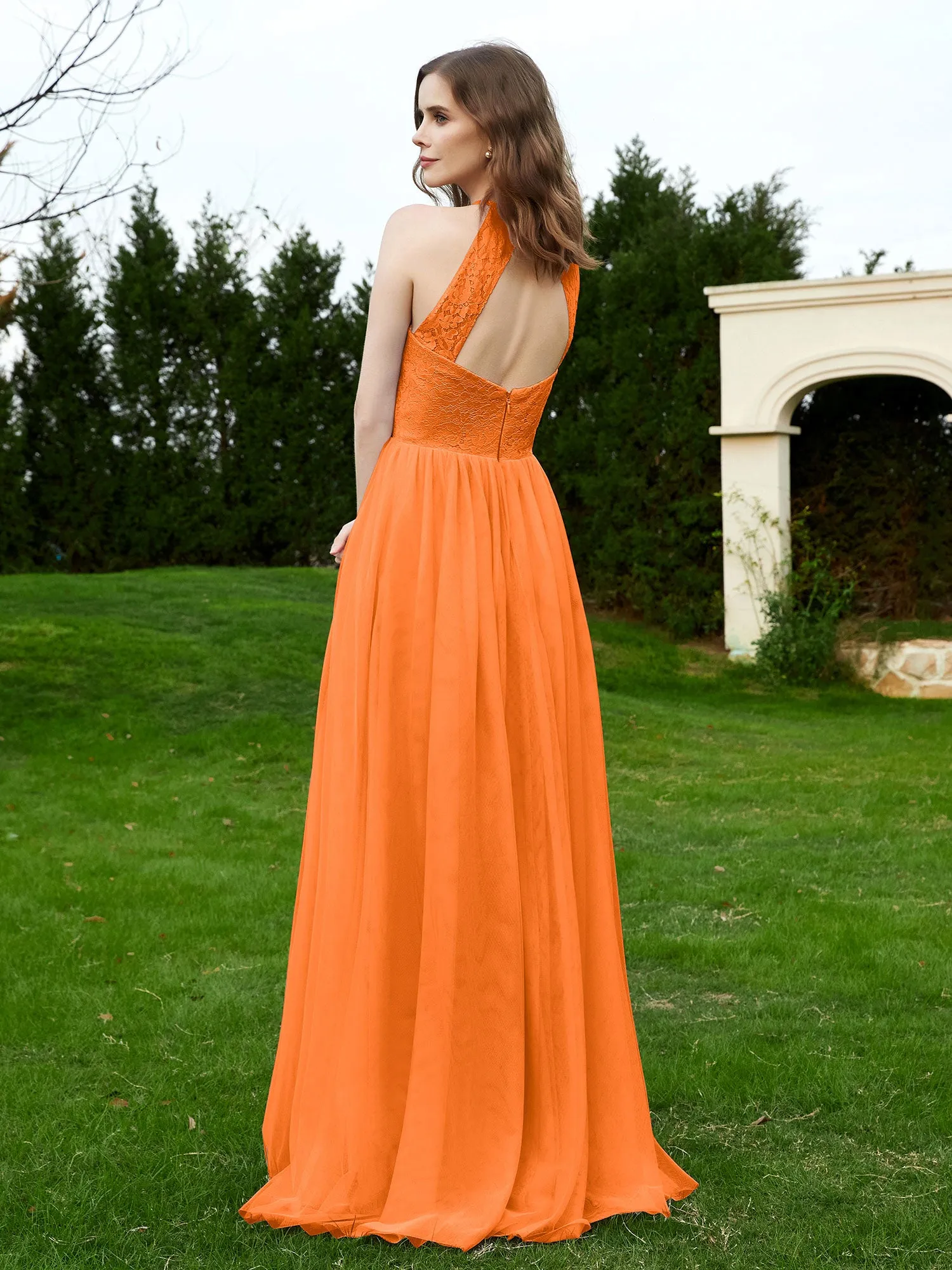 Lace Tulle Bridesmaid Gown Halter Neckline Orange