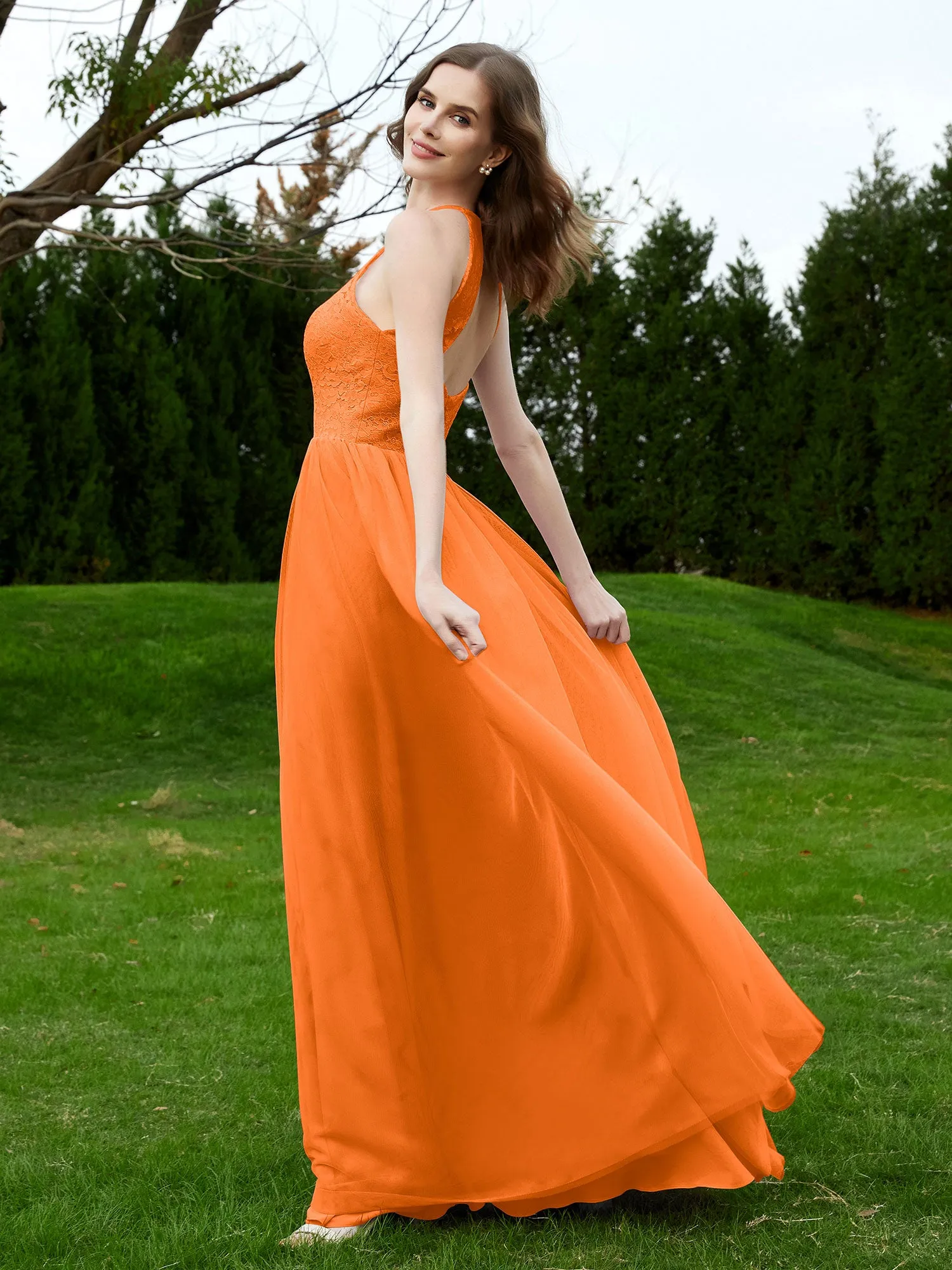 Lace Tulle Bridesmaid Gown Halter Neckline Orange