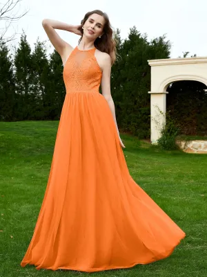 Lace Tulle Bridesmaid Gown Halter Neckline Orange