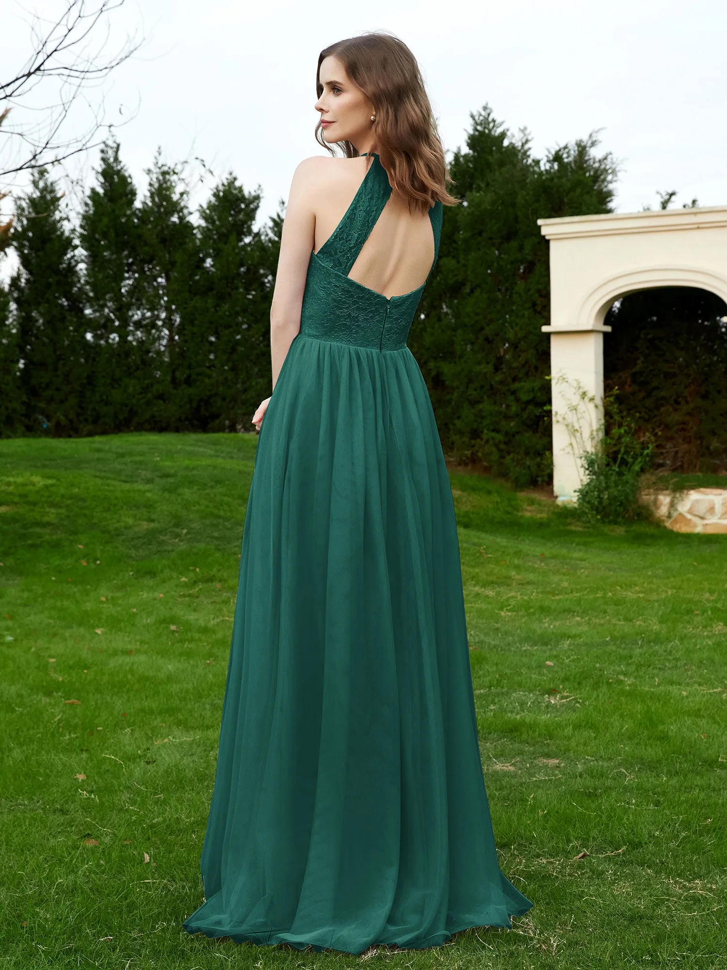 Lace Tulle Bridesmaid Gown Halter Neckline Peacock