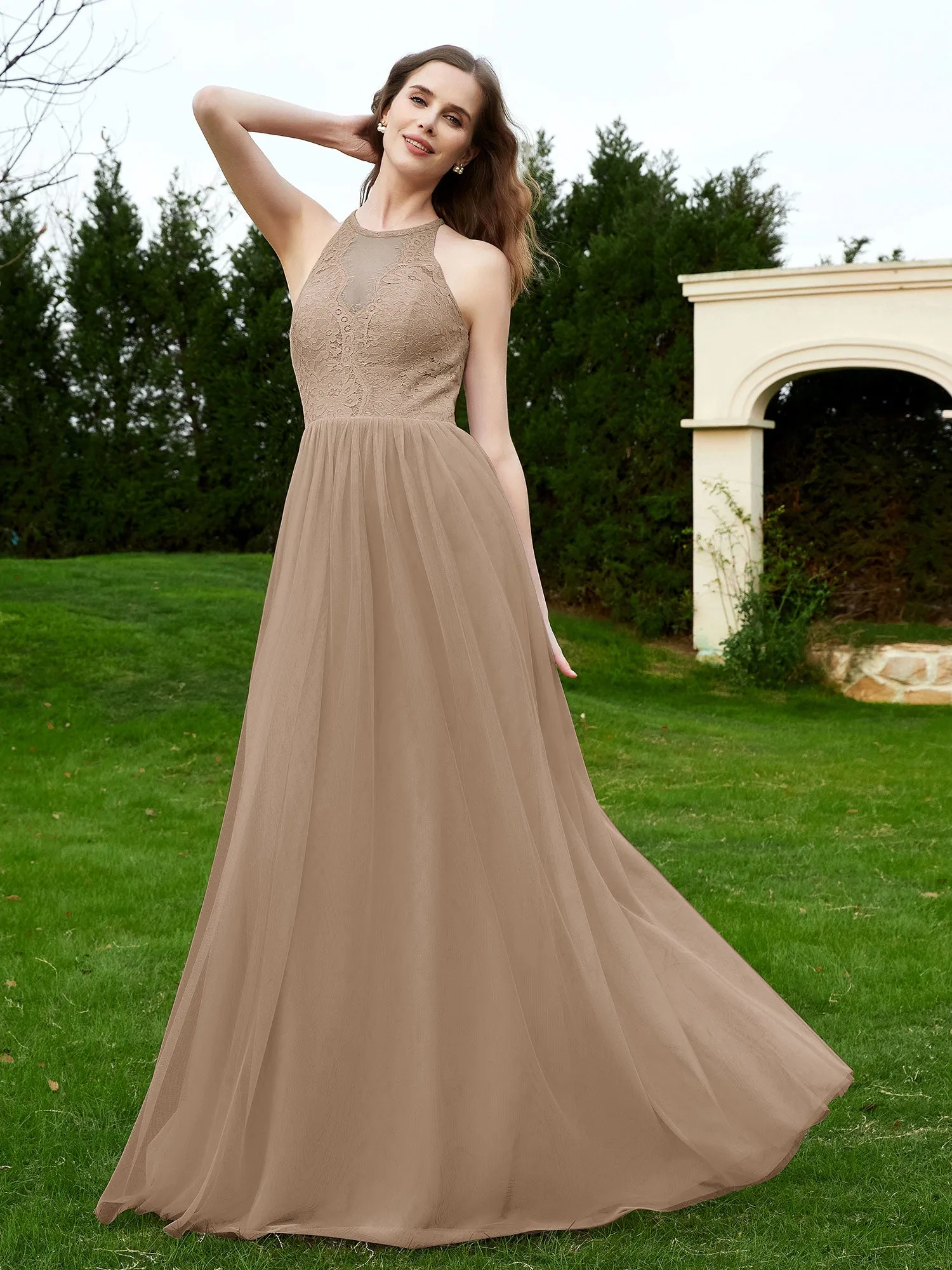 Lace Tulle Bridesmaid Gown Halter Neckline Taupe