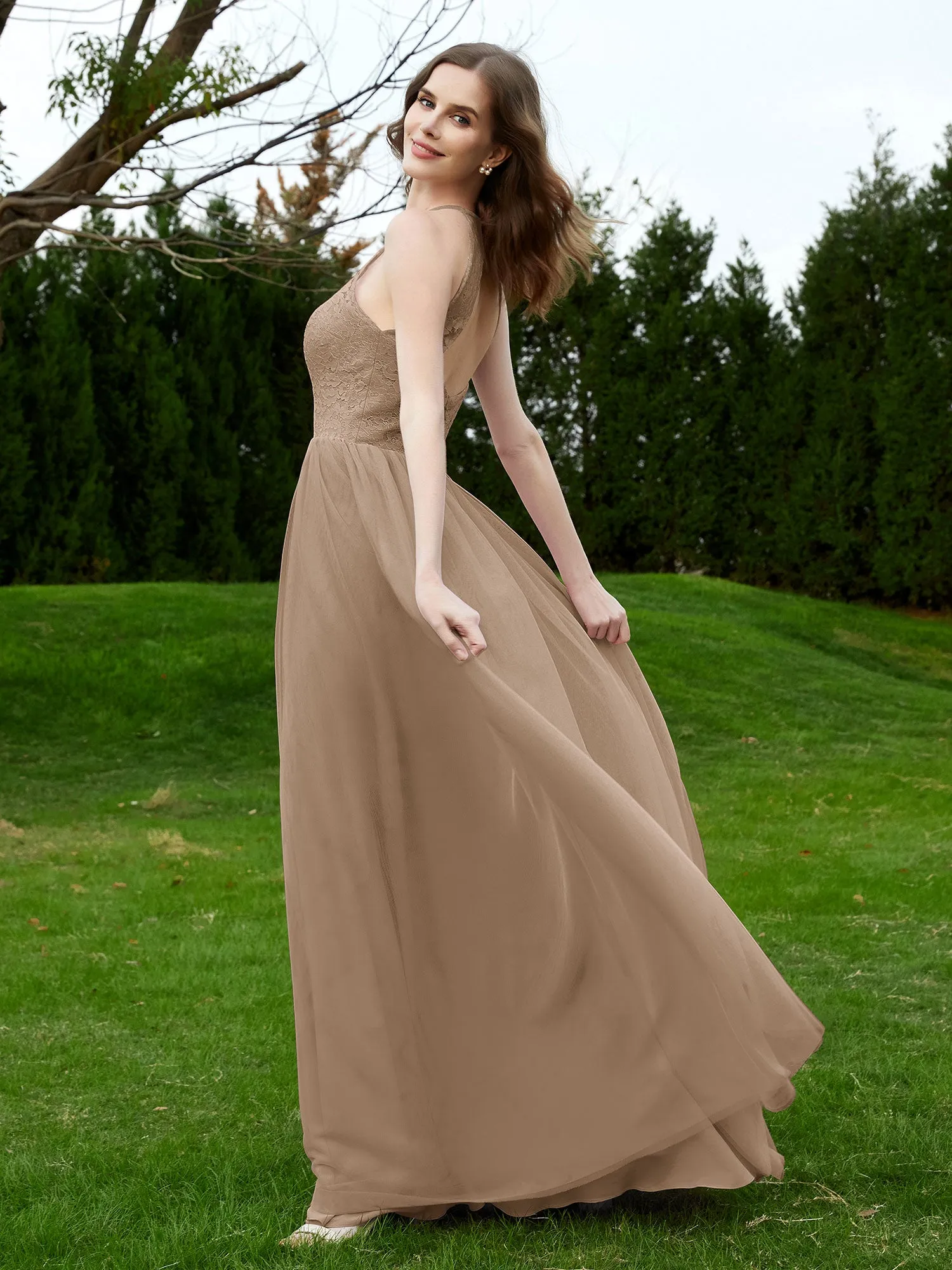 Lace Tulle Bridesmaid Gown Halter Neckline Taupe