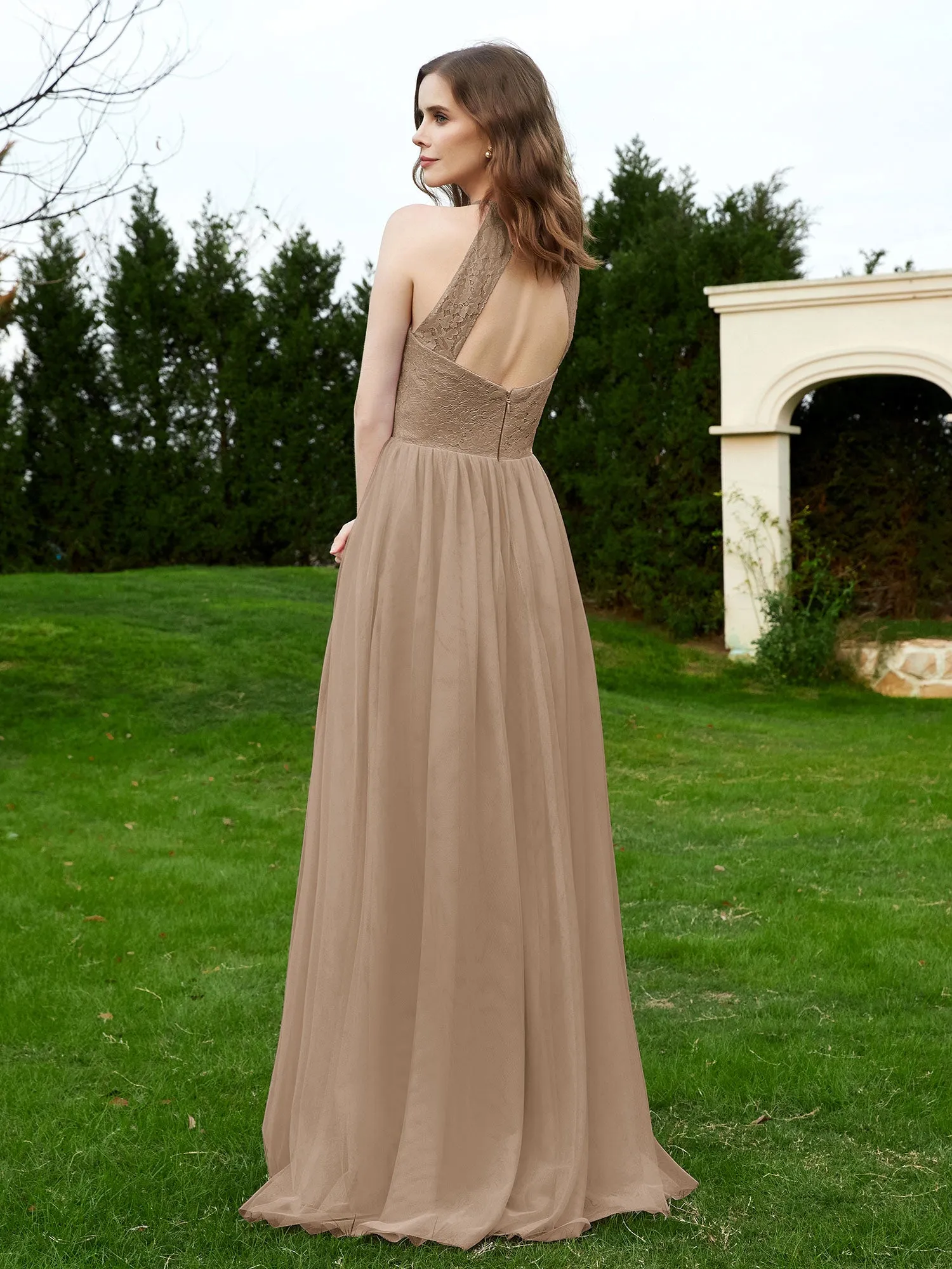 Lace Tulle Bridesmaid Gown Halter Neckline Taupe