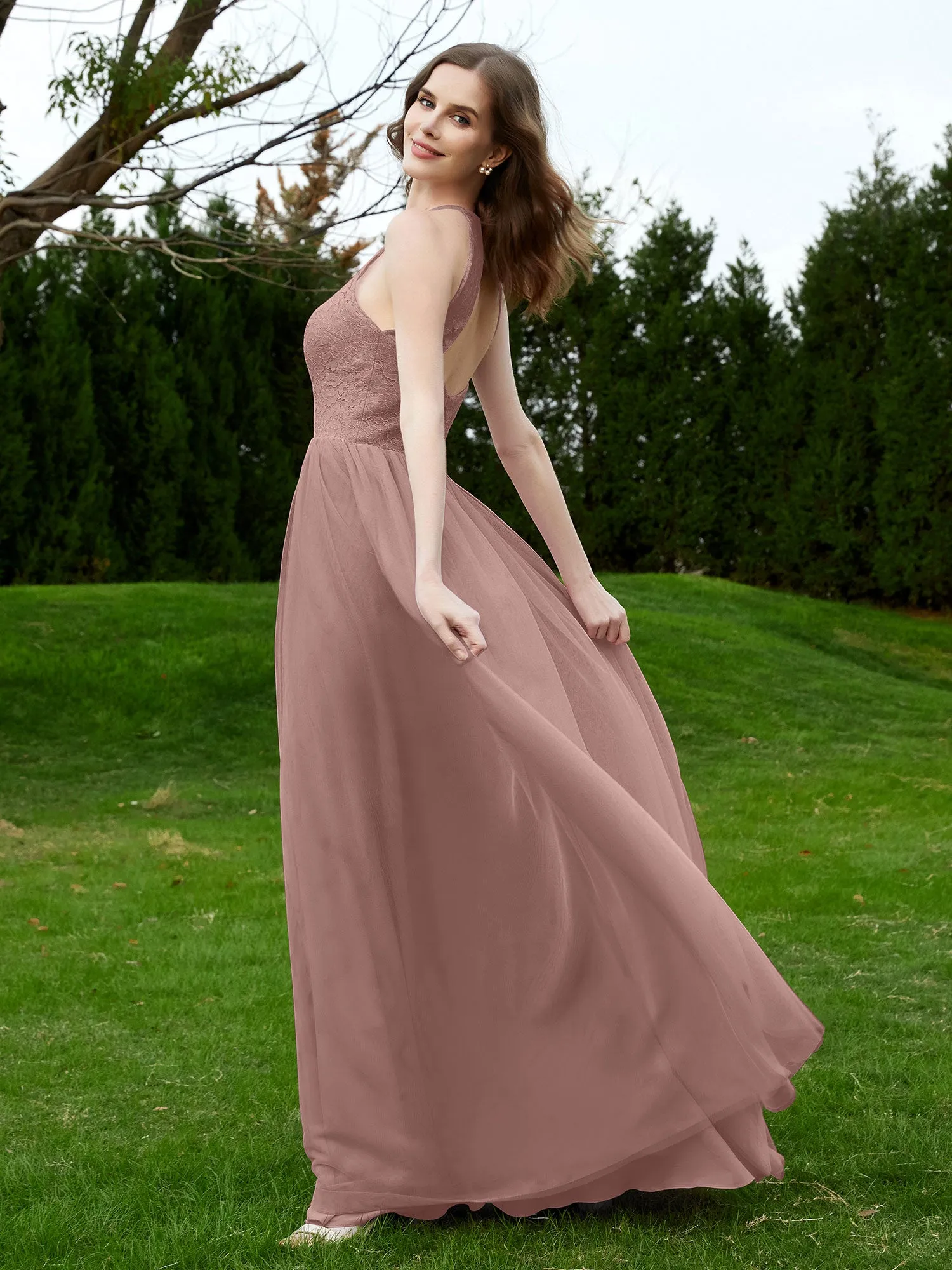 Lace Tulle Bridesmaid Gown Halter Neckline Vintage Mauve