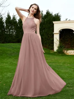 Lace Tulle Bridesmaid Gown Halter Neckline Vintage Mauve