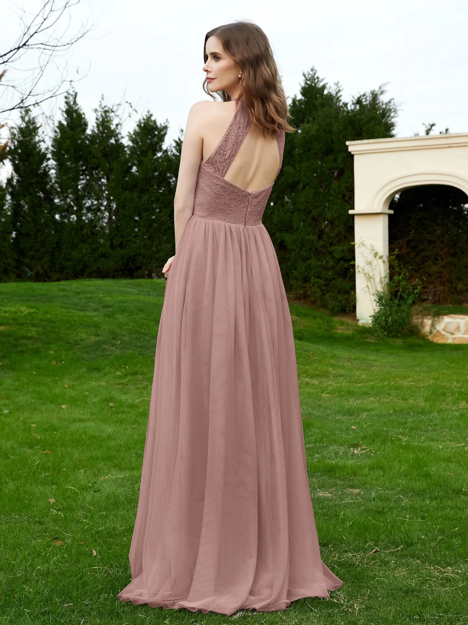 Lace Tulle Bridesmaid Gown Halter Neckline Vintage Mauve