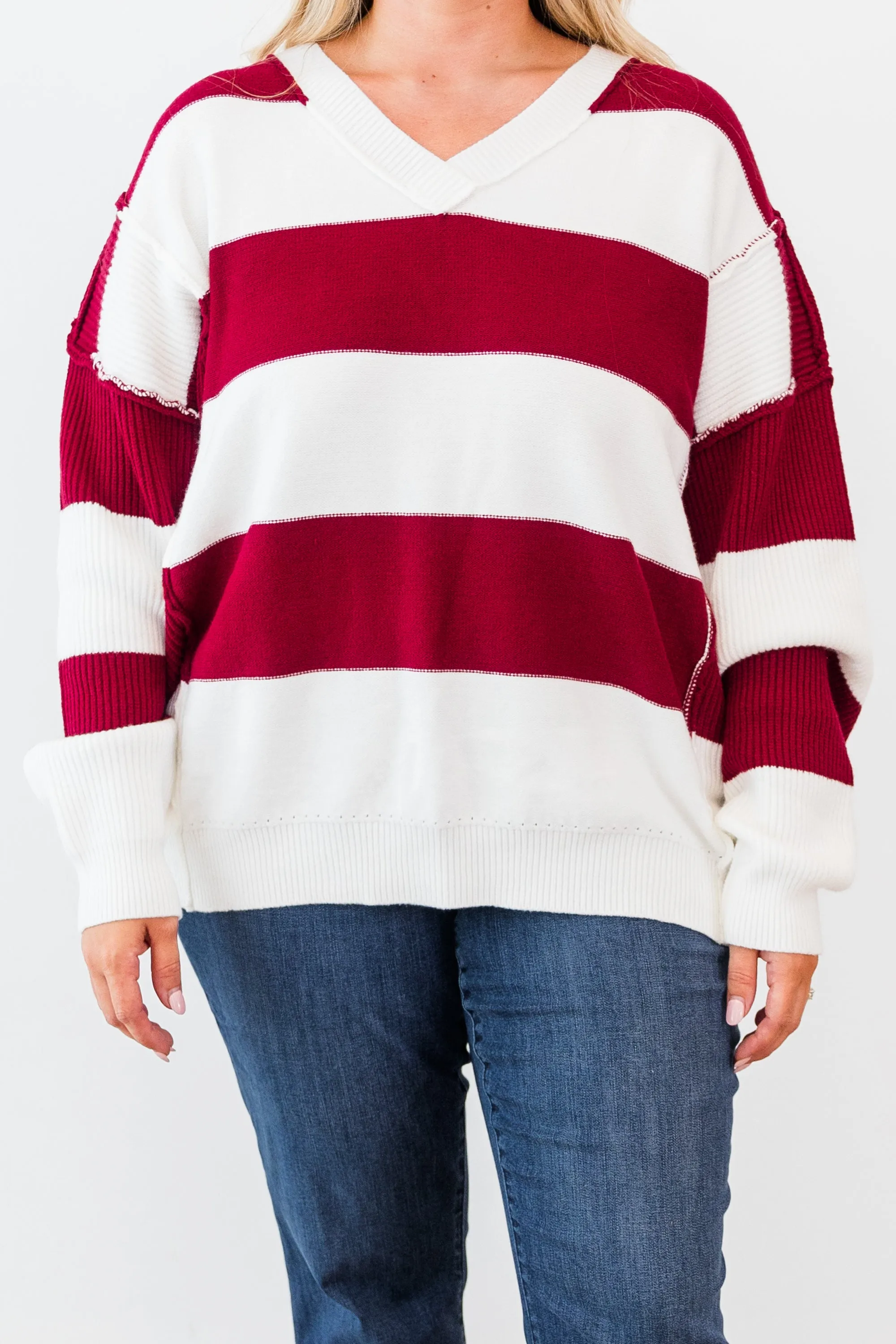 Lineage Cozy Striped Sweater, Burgundy-Ivory