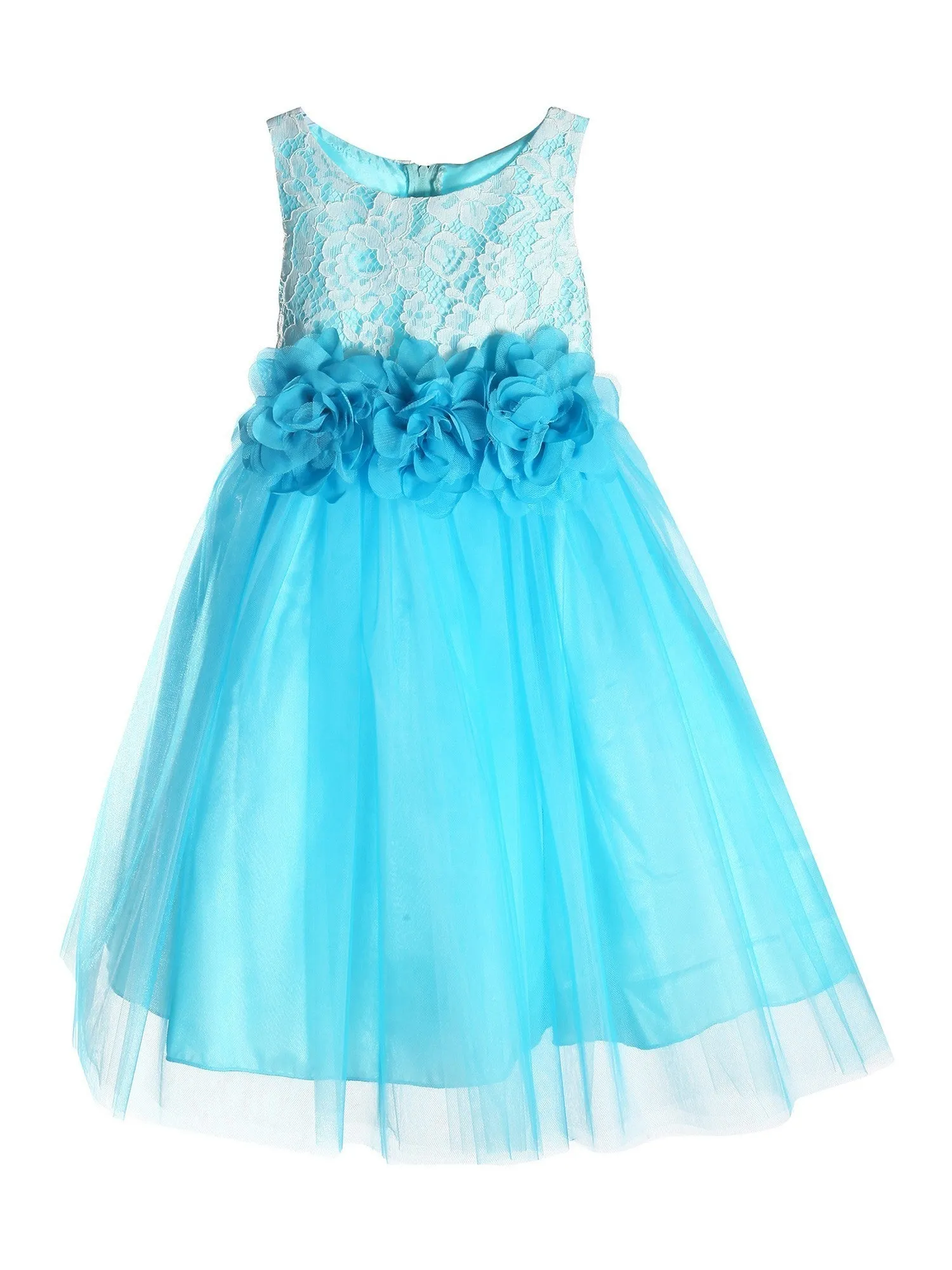 Little Girls Aqua Floral Lace Illusion Tulle Flower Girl Dress 2-6