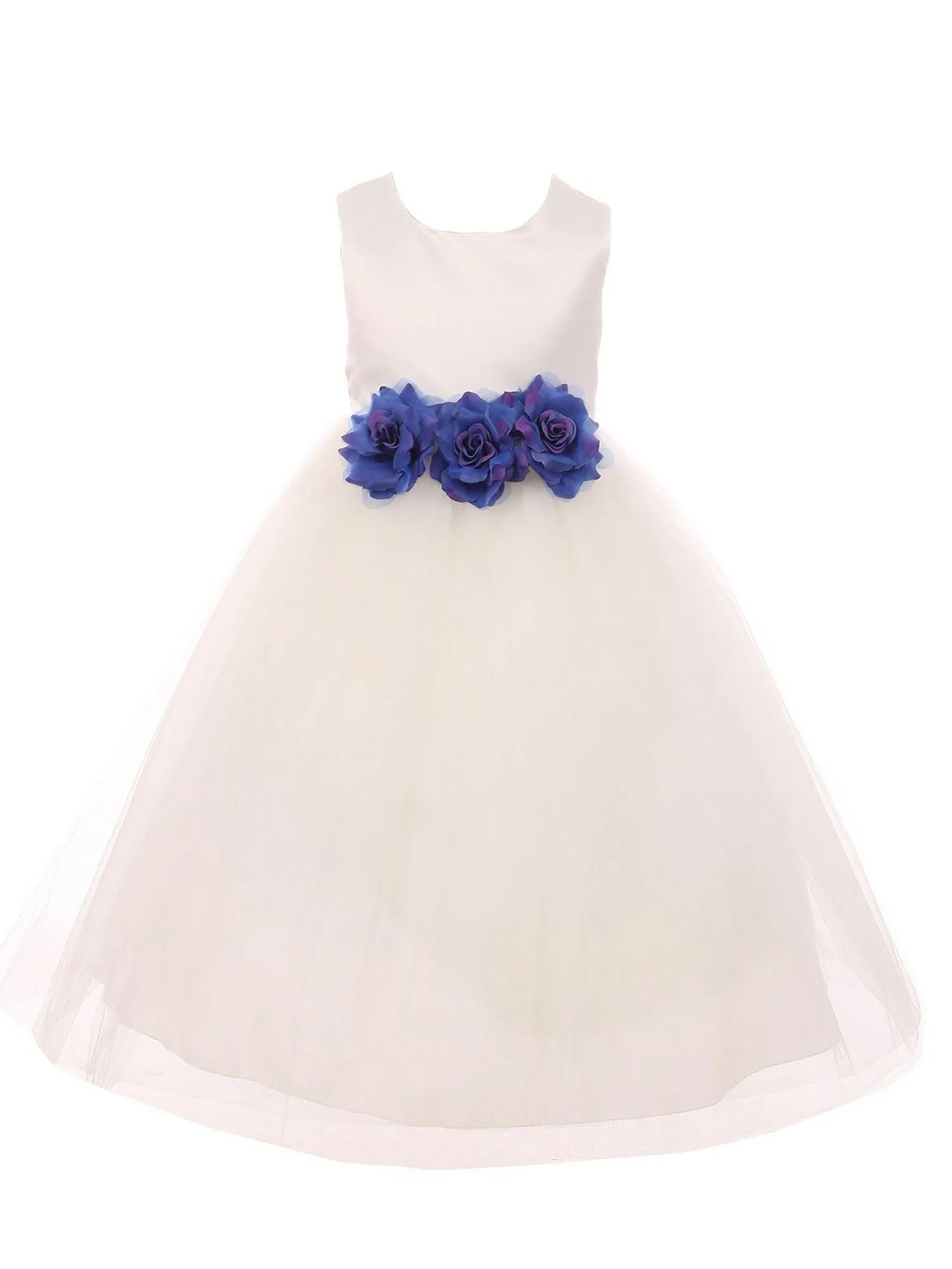 Little Girls Ivory Royal Blue Floral Satin Flower Girl Dress 2-6