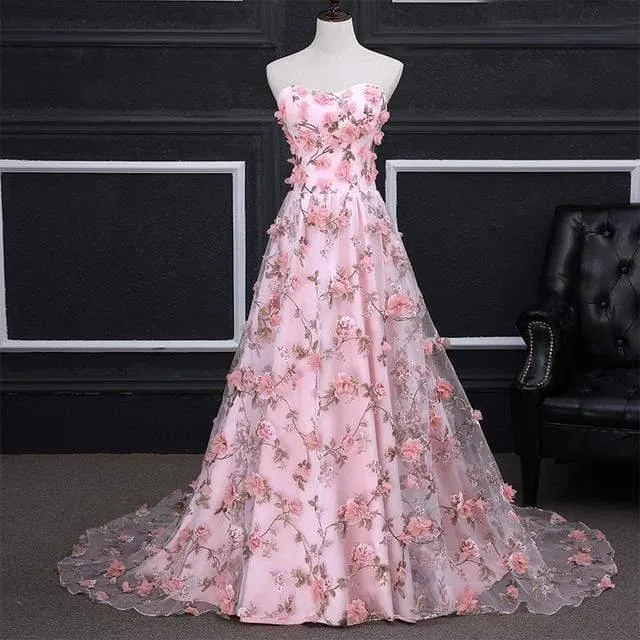 Long Appliqued Flowers Party Prom Dress