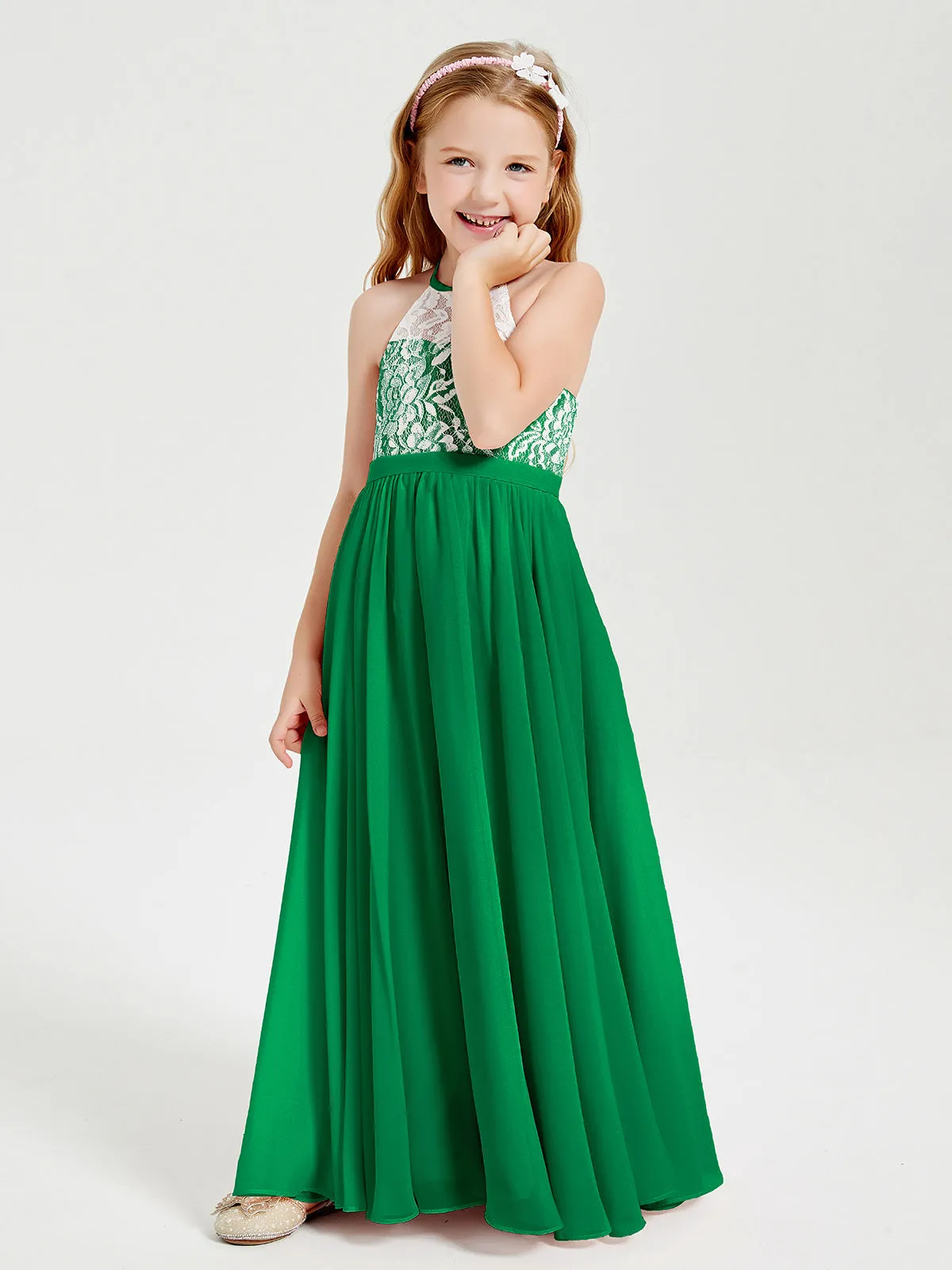 Long Chiffon Bridesmaid Dresses Lace Top Emerald