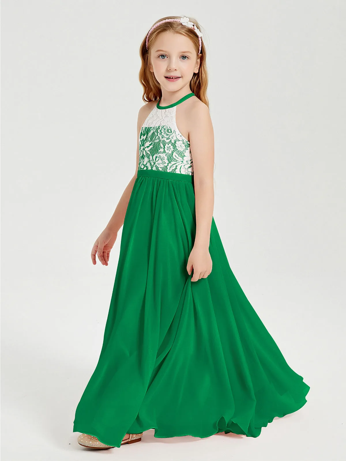 Long Chiffon Bridesmaid Dresses Lace Top Emerald