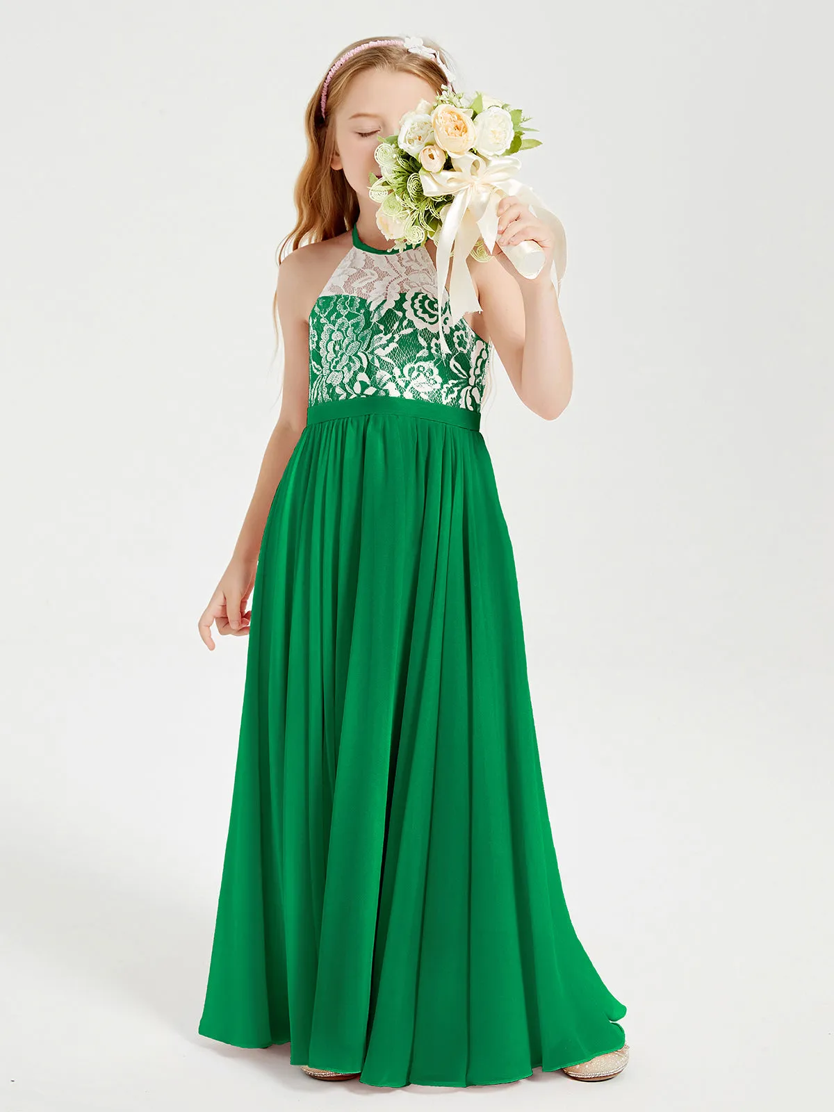 Long Chiffon Bridesmaid Dresses Lace Top Emerald