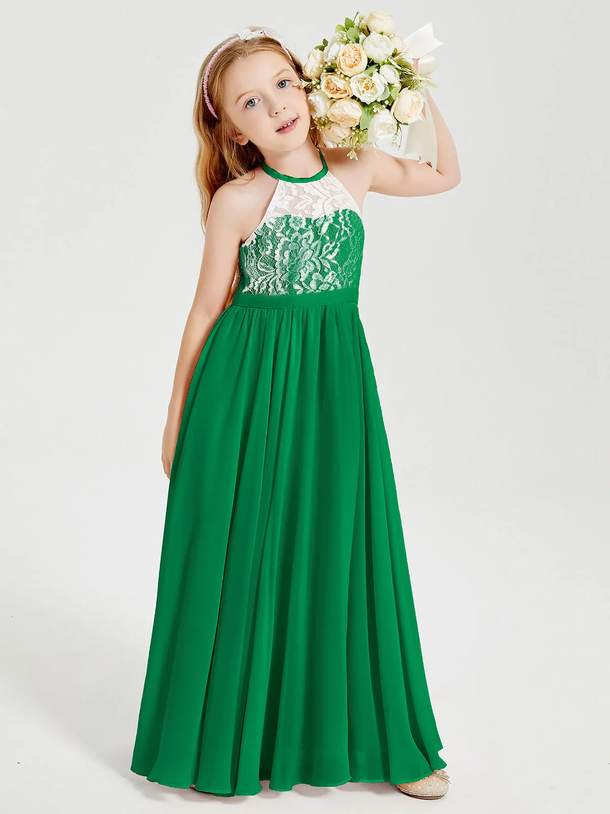 Long Chiffon Bridesmaid Dresses Lace Top Emerald