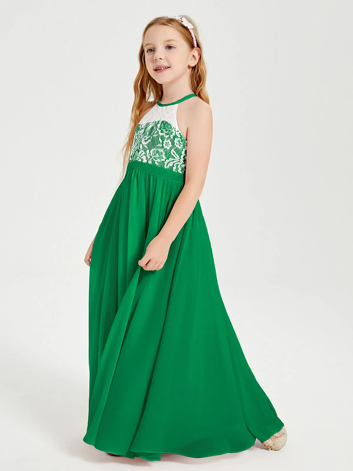 Long Chiffon Bridesmaid Dresses Lace Top Emerald