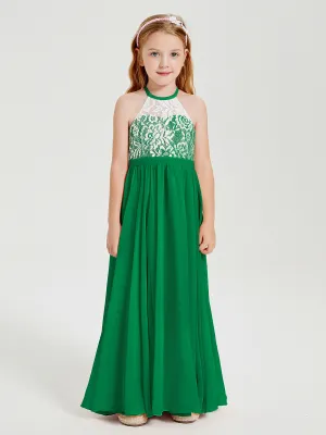 Long Chiffon Bridesmaid Dresses Lace Top Emerald