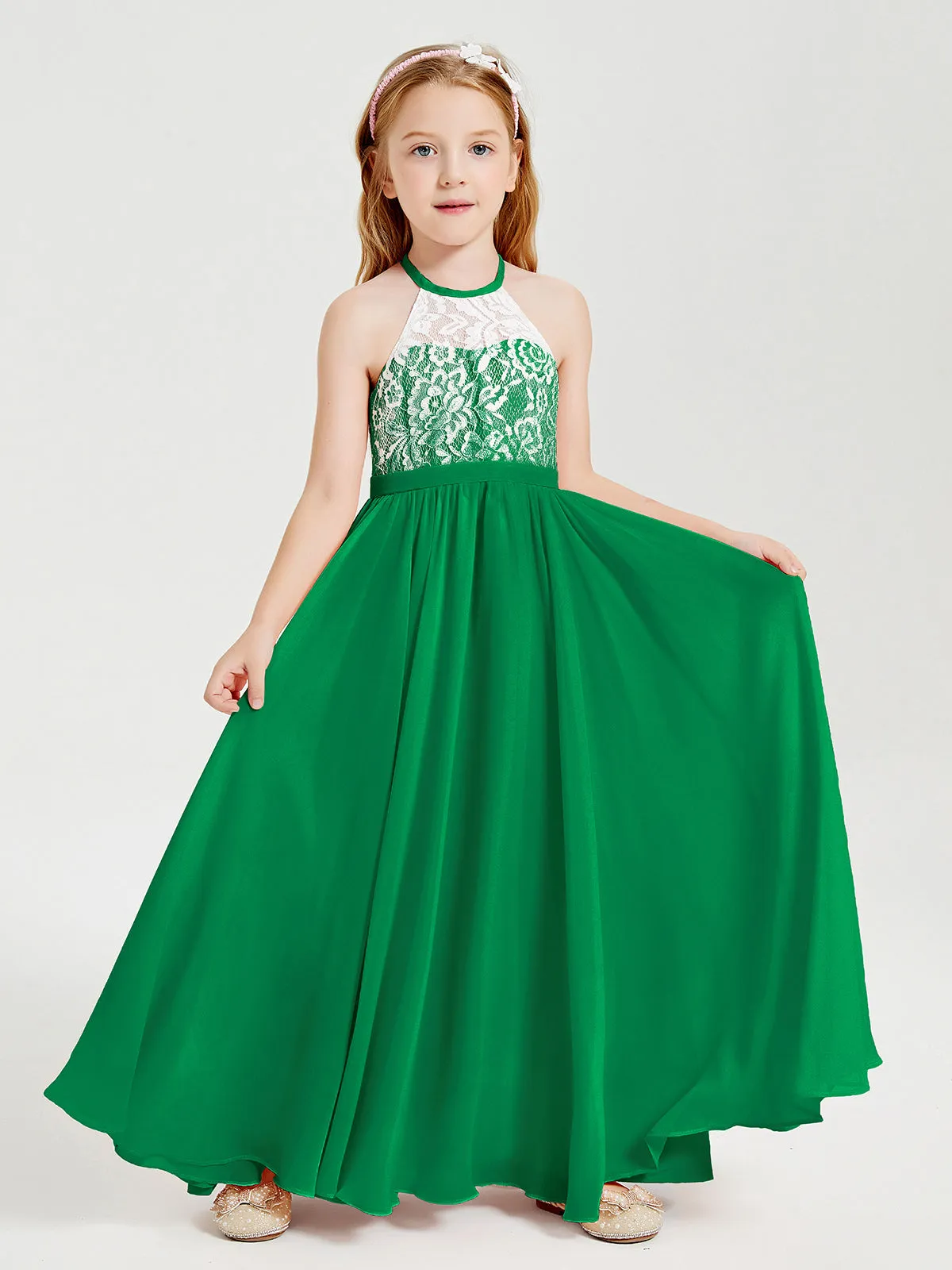 Long Chiffon Bridesmaid Dresses Lace Top Emerald