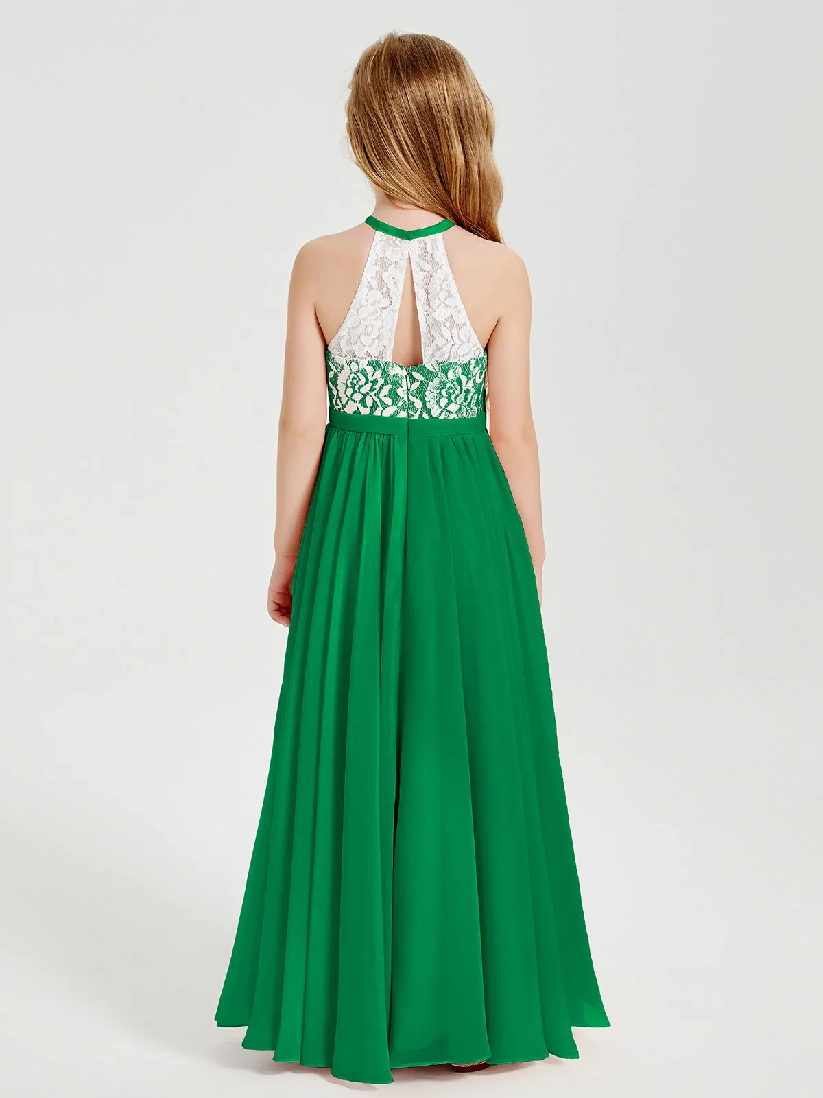 Long Chiffon Bridesmaid Dresses Lace Top Emerald