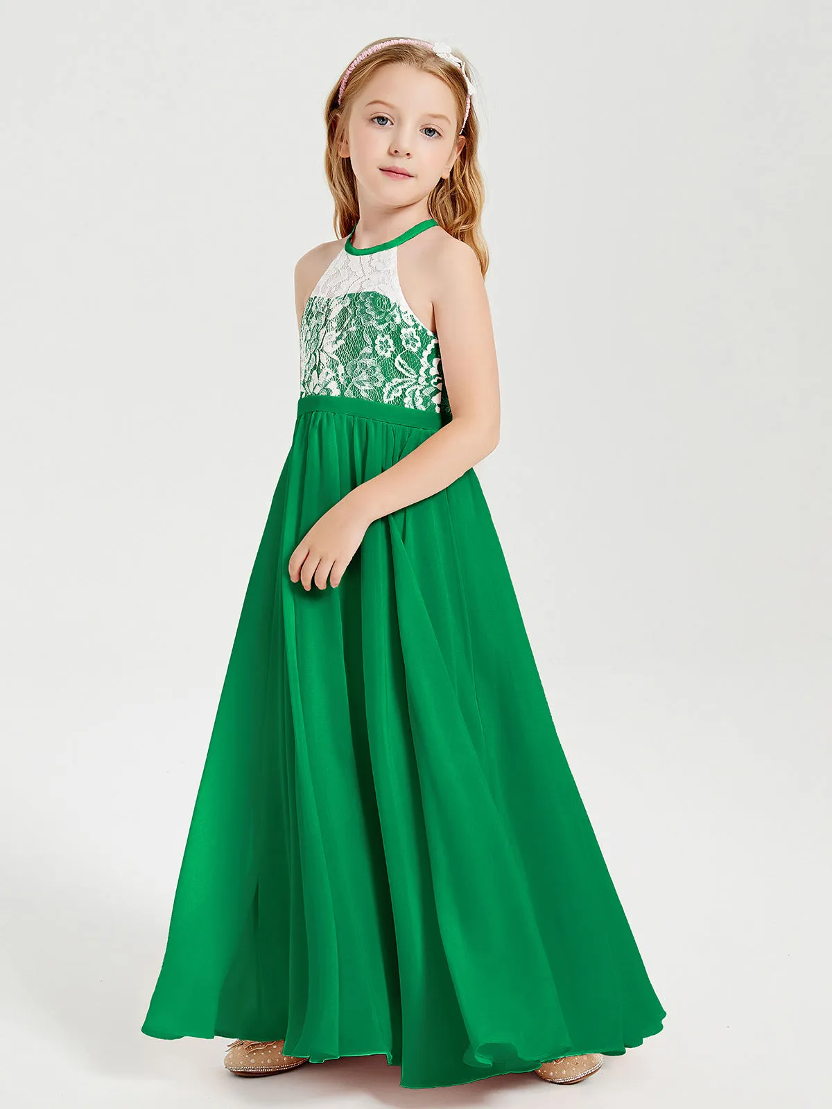 Long Chiffon Bridesmaid Dresses Lace Top Emerald