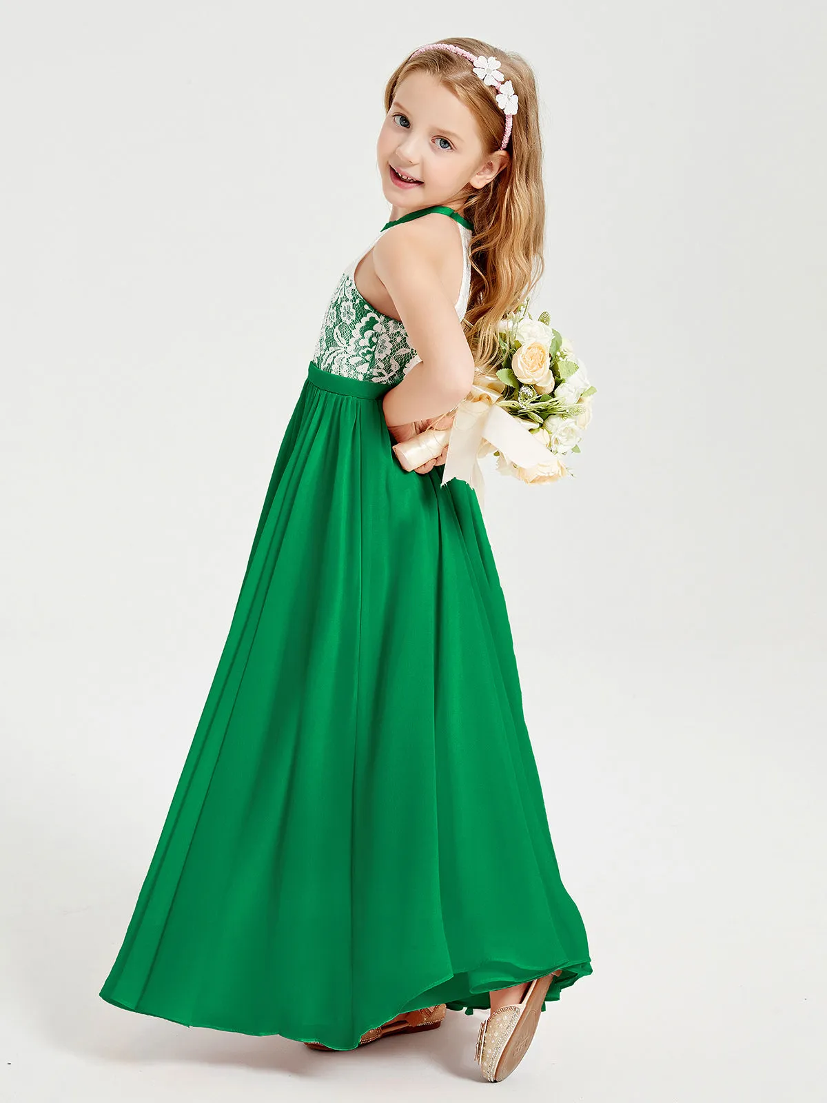 Long Chiffon Bridesmaid Dresses Lace Top Emerald