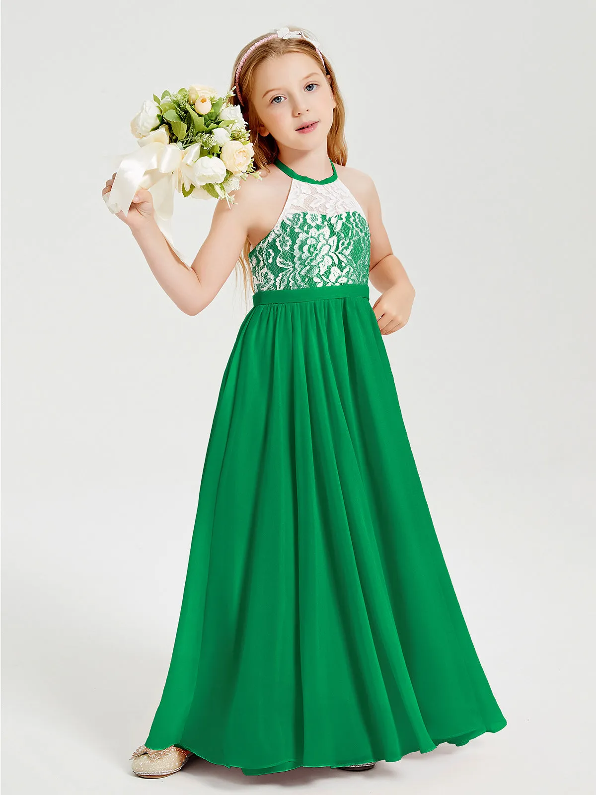 Long Chiffon Bridesmaid Dresses Lace Top Emerald