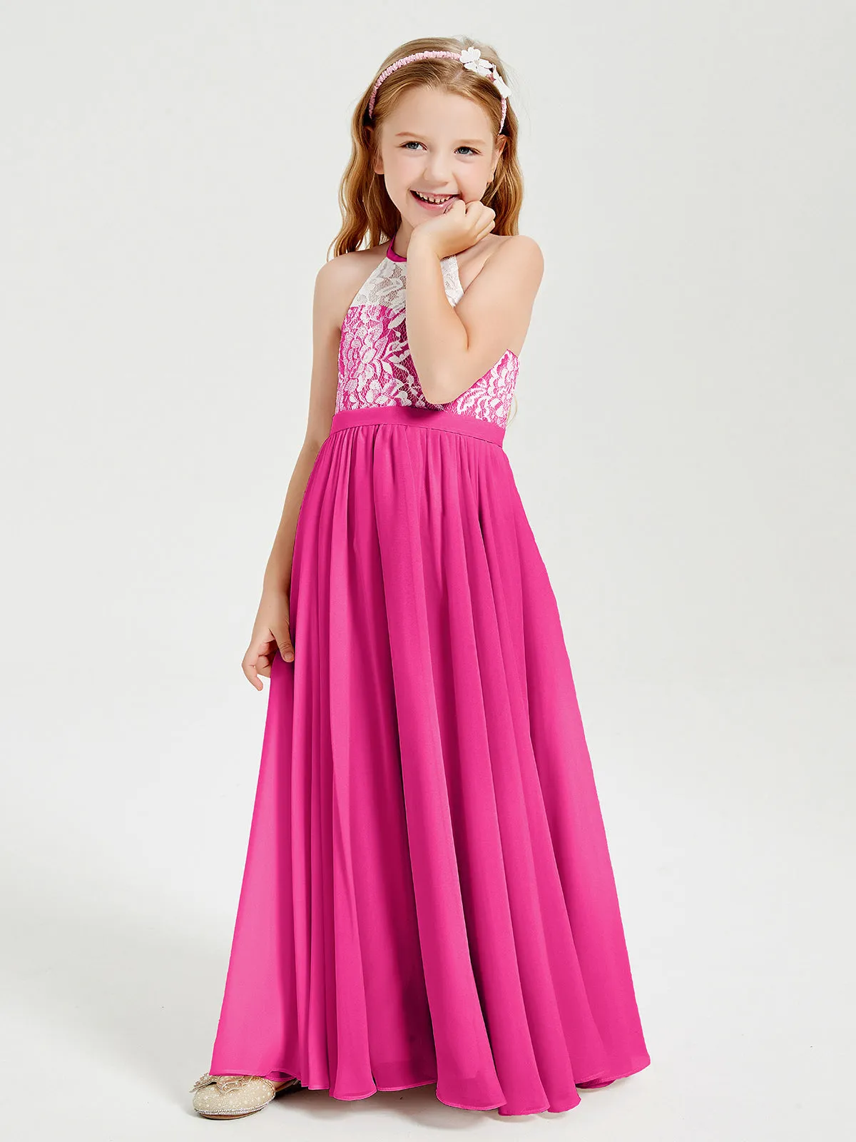 Long Chiffon Bridesmaid Dresses Lace Top Fuchsia