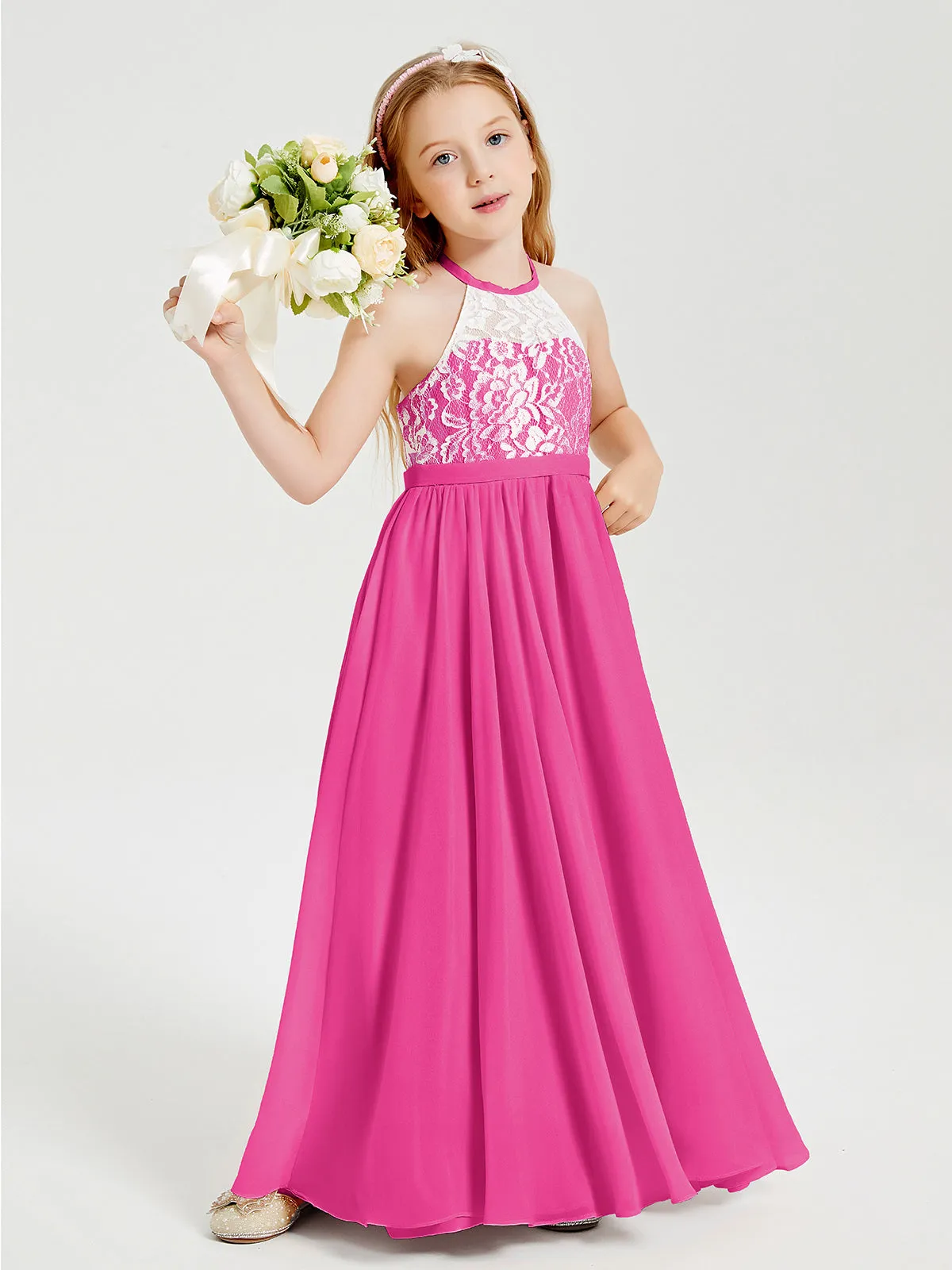 Long Chiffon Bridesmaid Dresses Lace Top Fuchsia